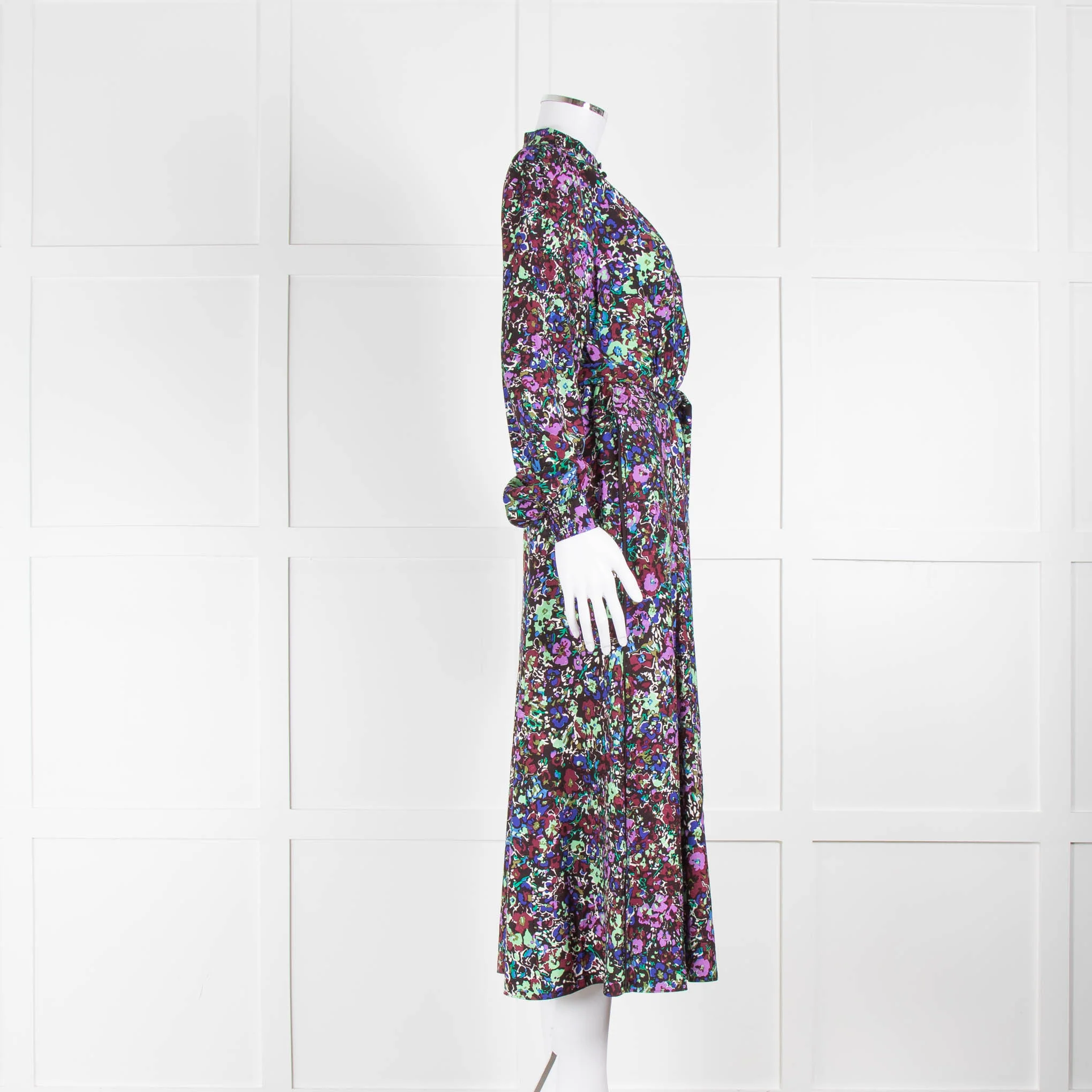 Me + Em Black Purple Floral Long Sleeve Belted Midi Dress - Image 3