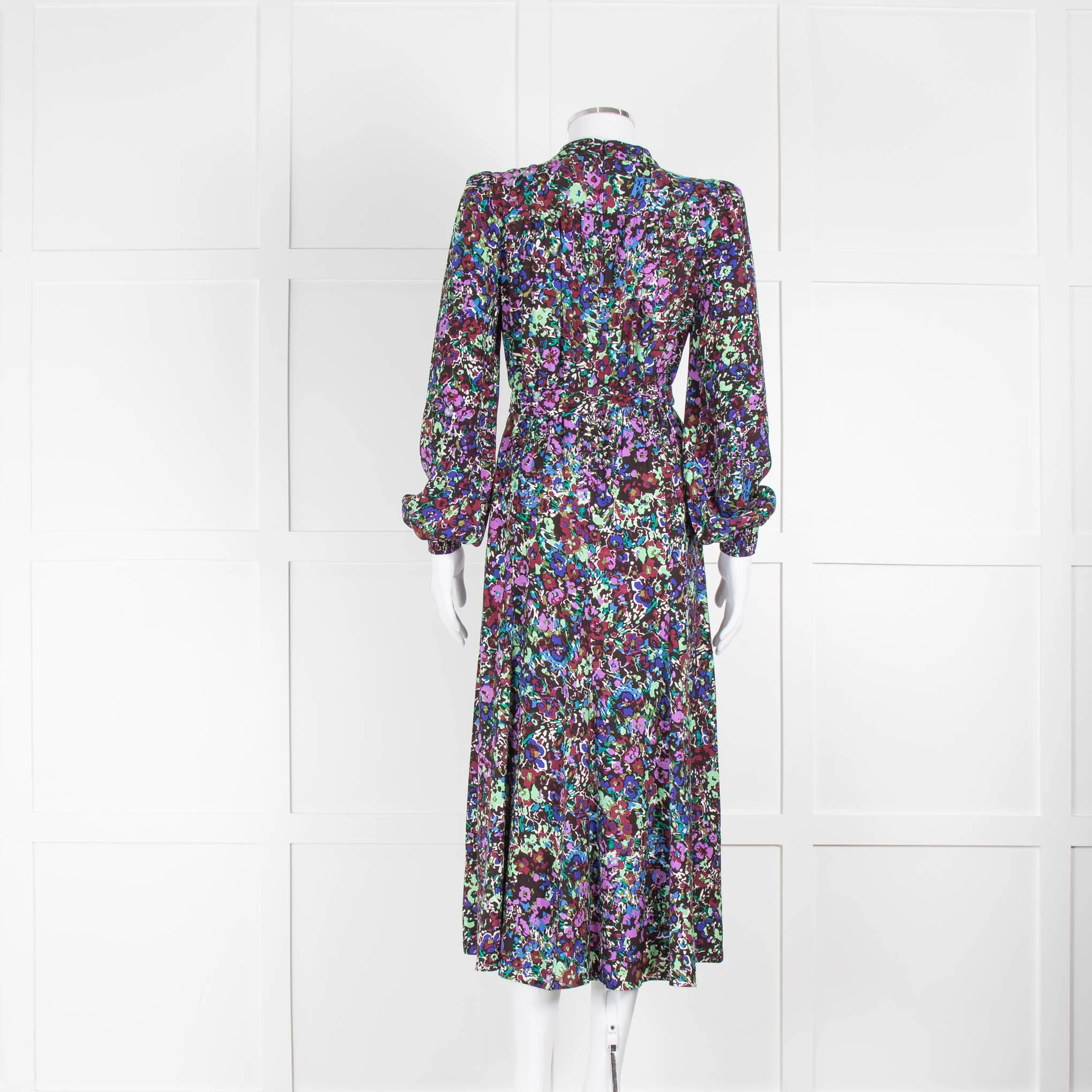 Me + Em Black Purple Floral Long Sleeve Belted Midi Dress - Image 4