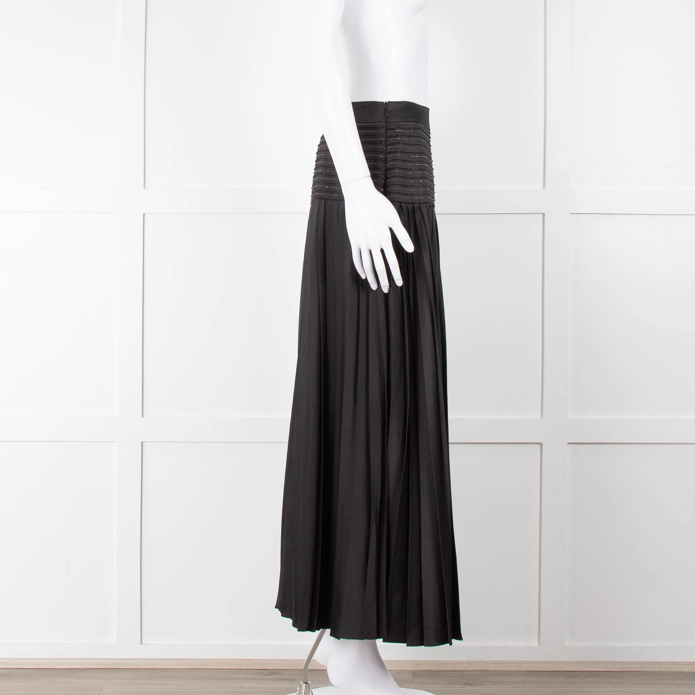 ME + EM Black Satin Plisse Skirt with Beaded Waist - Image 3