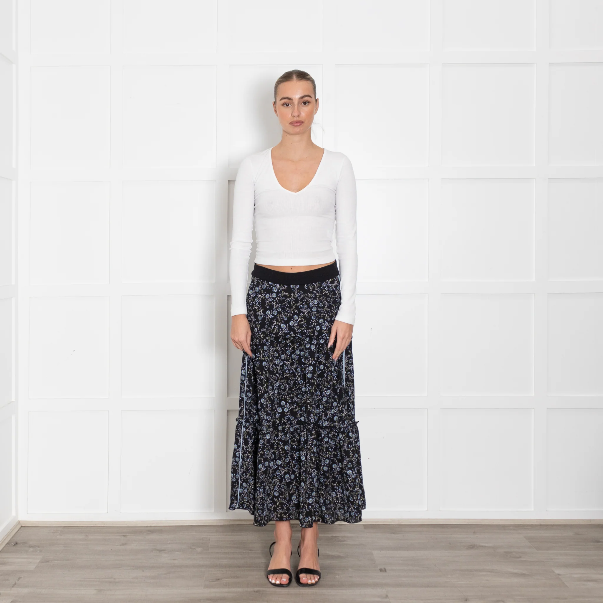 ME + Em Black Tiered Skirt With Blue Flowers