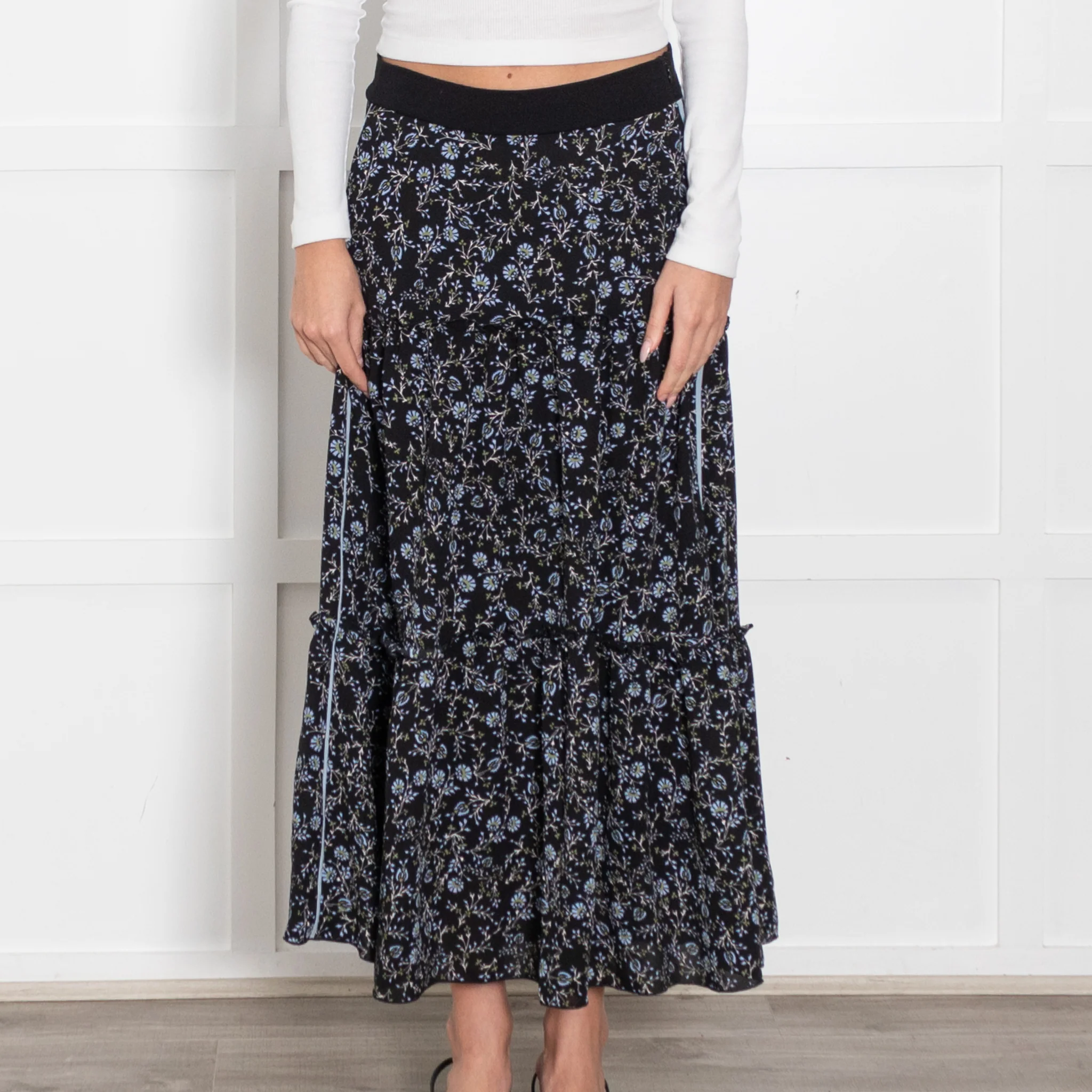 ME + Em Black Tiered Skirt With Blue Flowers - Image 2