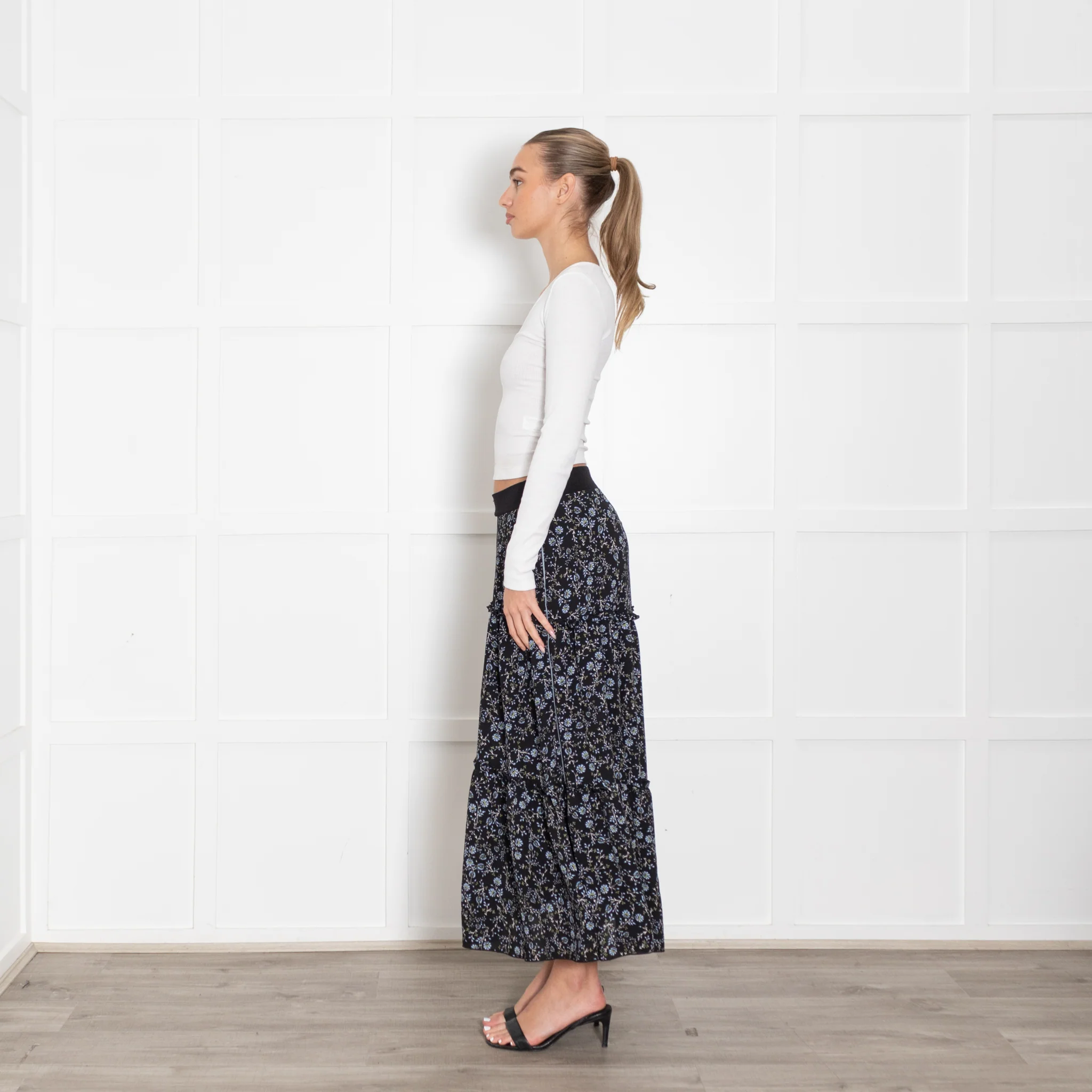 ME + Em Black Tiered Skirt With Blue Flowers - Image 4