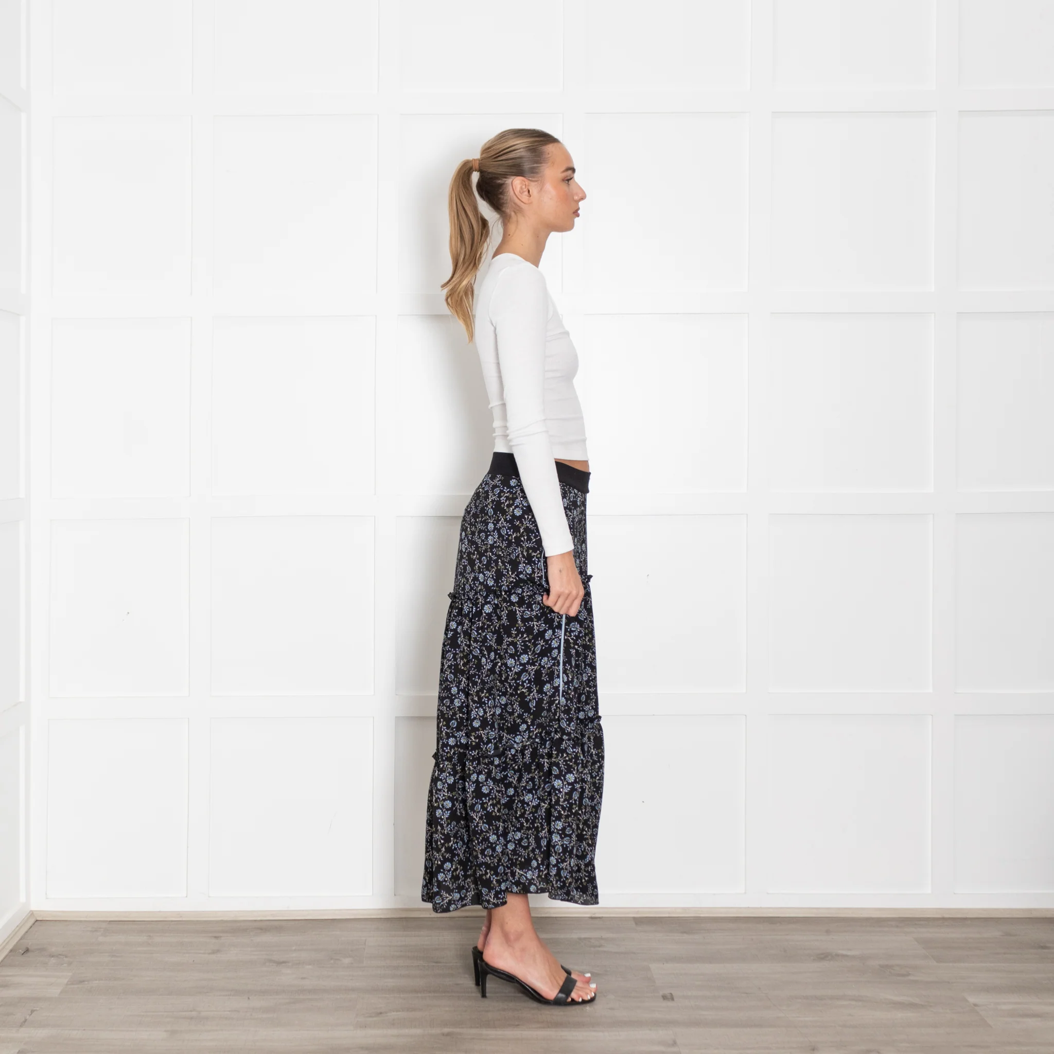 ME + Em Black Tiered Skirt With Blue Flowers - Image 6