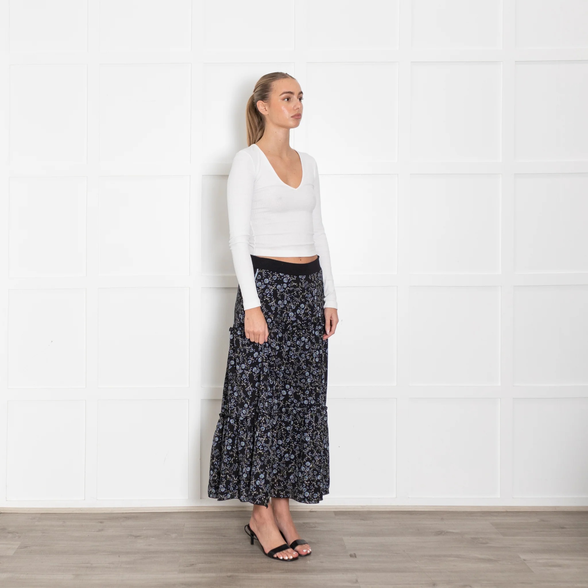ME + Em Black Tiered Skirt With Blue Flowers - Image 7