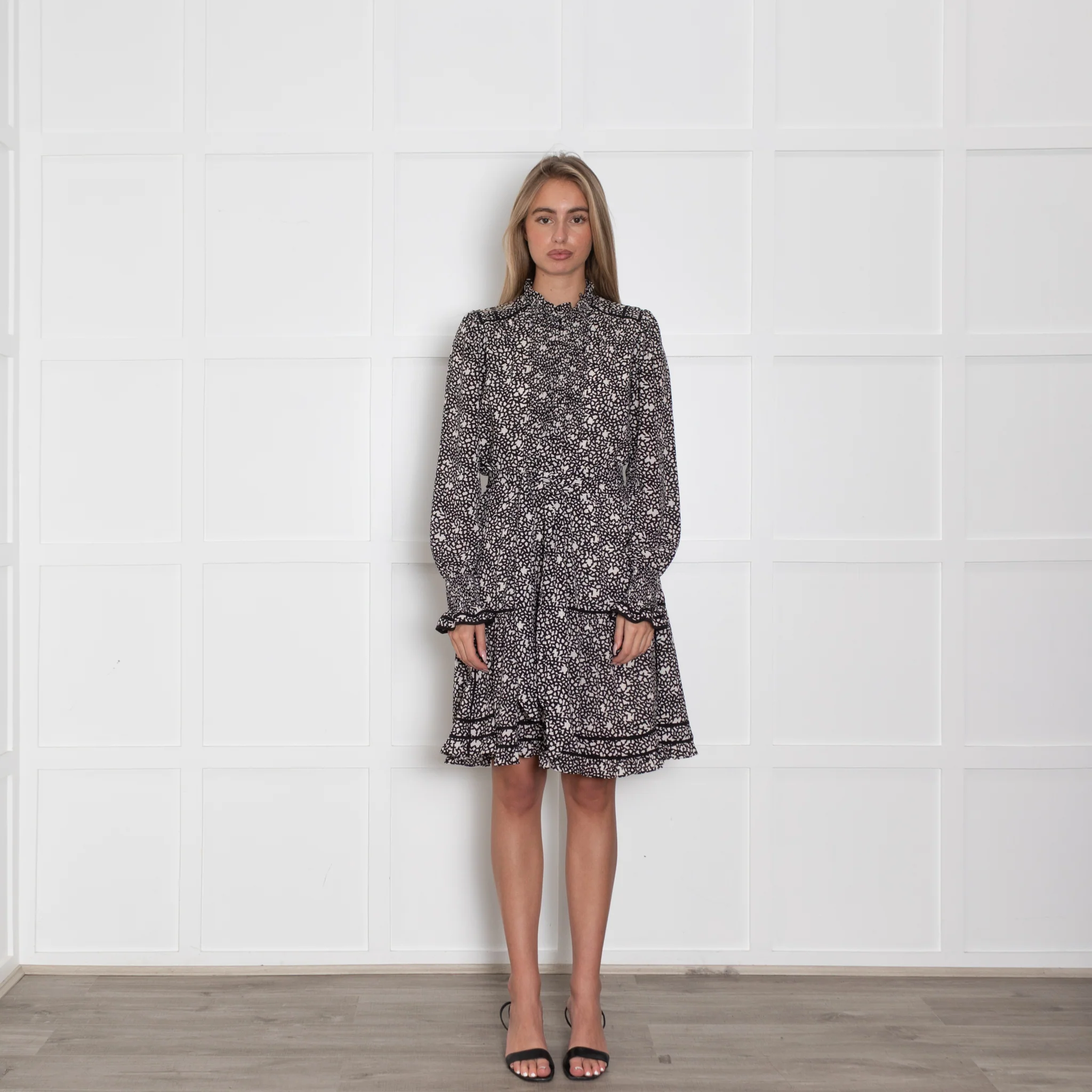 Me + Em Black White Belted Long Sleeve Frill Trim Dress