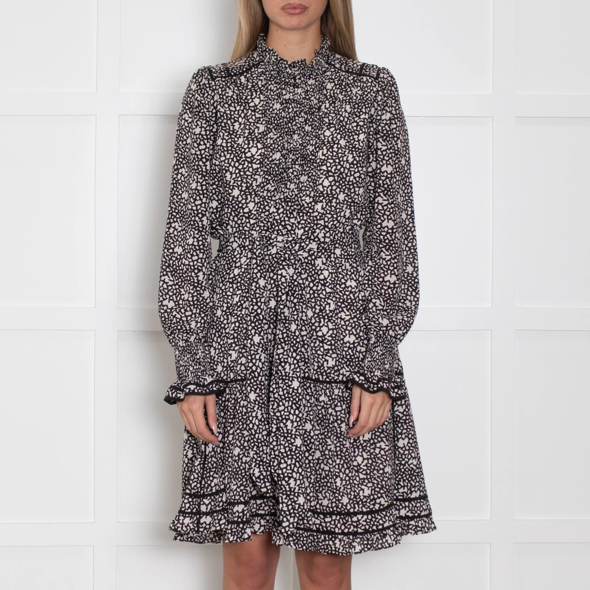 Me + Em Black White Belted Long Sleeve Frill Trim Dress - Image 2