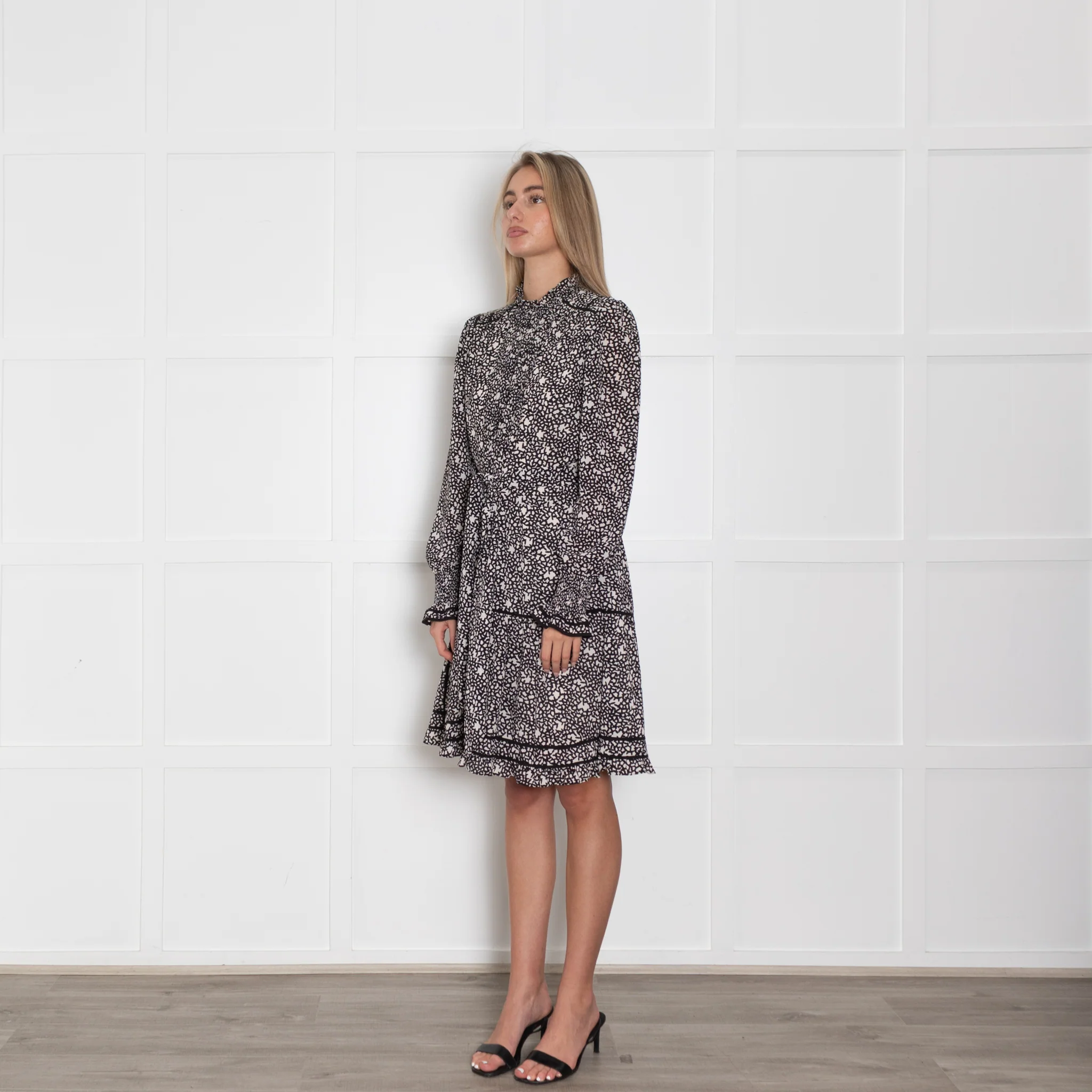 Me + Em Black White Belted Long Sleeve Frill Trim Dress - Image 3