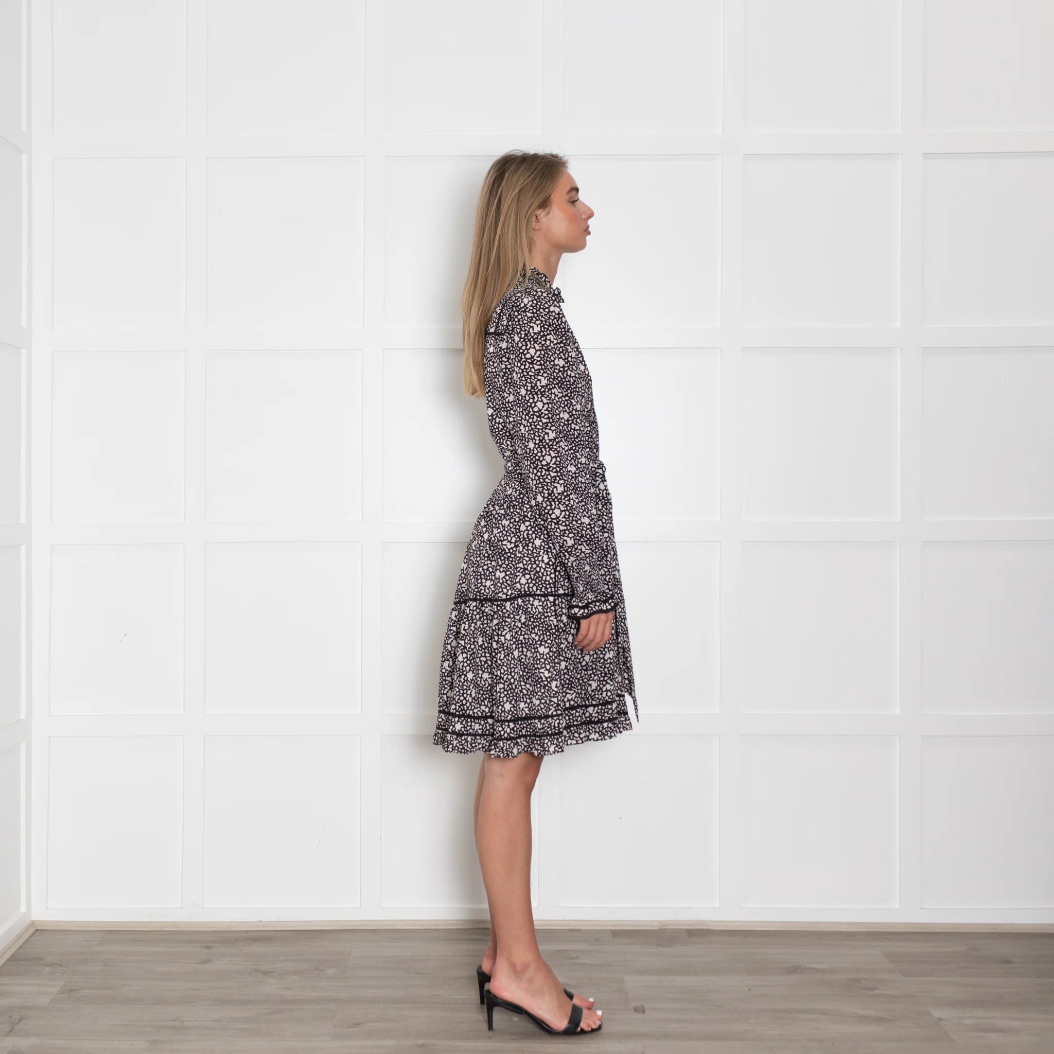 Me + Em Black White Belted Long Sleeve Frill Trim Dress - Image 6