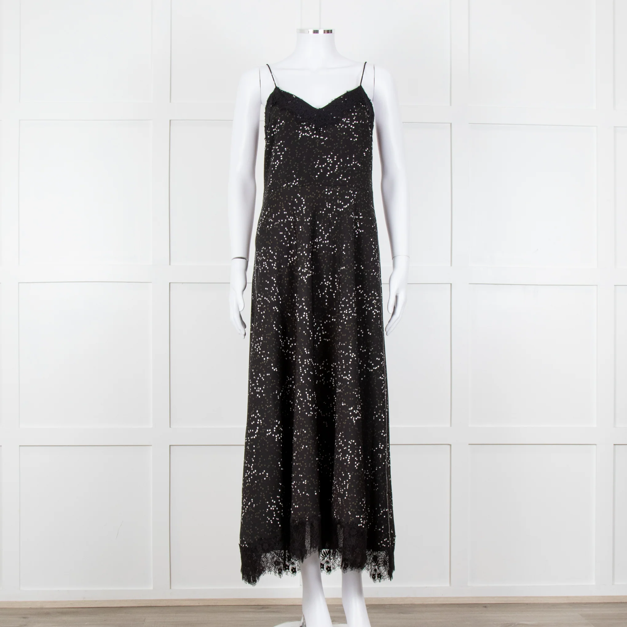 Me + Em Black White Green Dots Lace Trim Sleeveless Dress