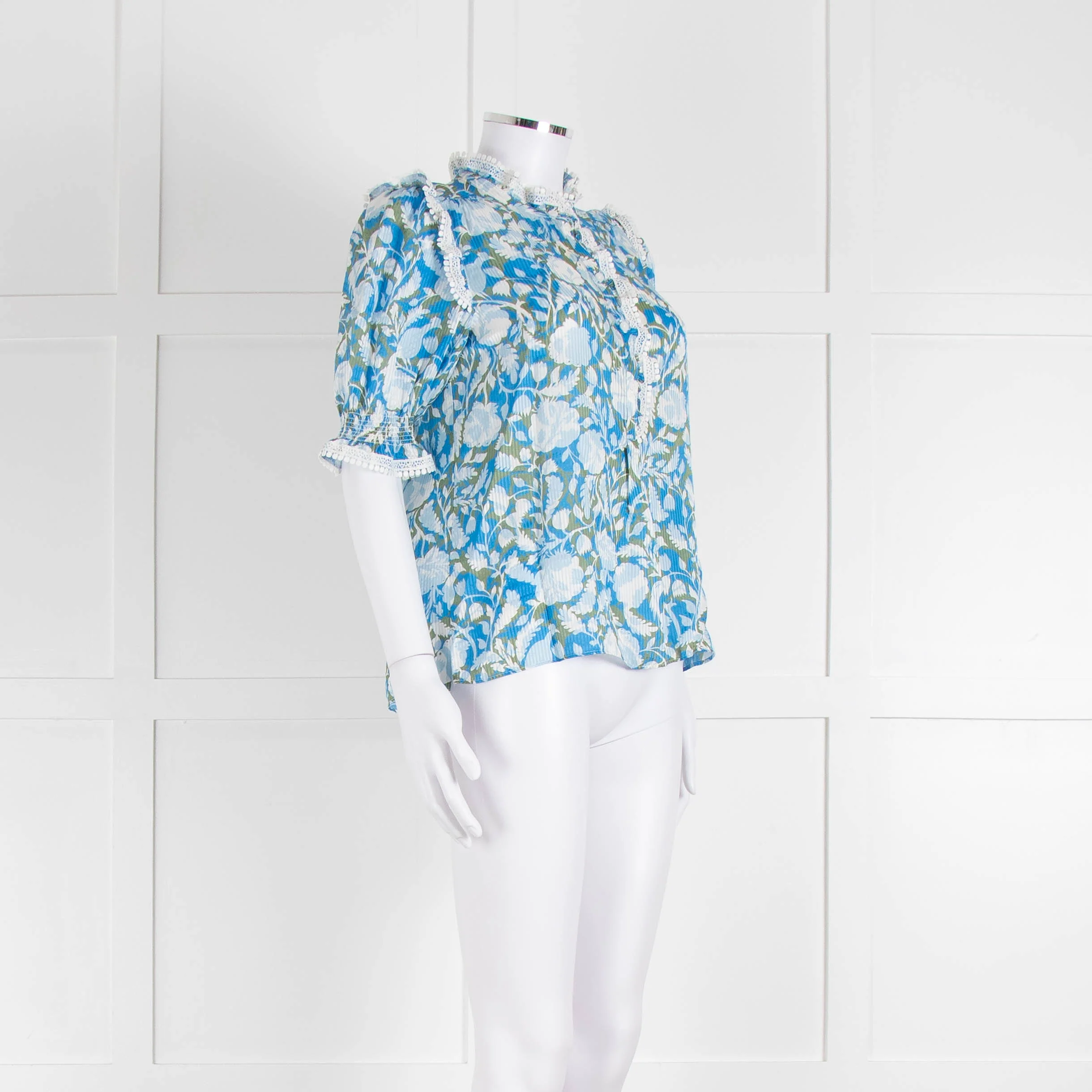 Me + Em Blue And Green Floral Silk Mix Top With Lace Trim - Image 2