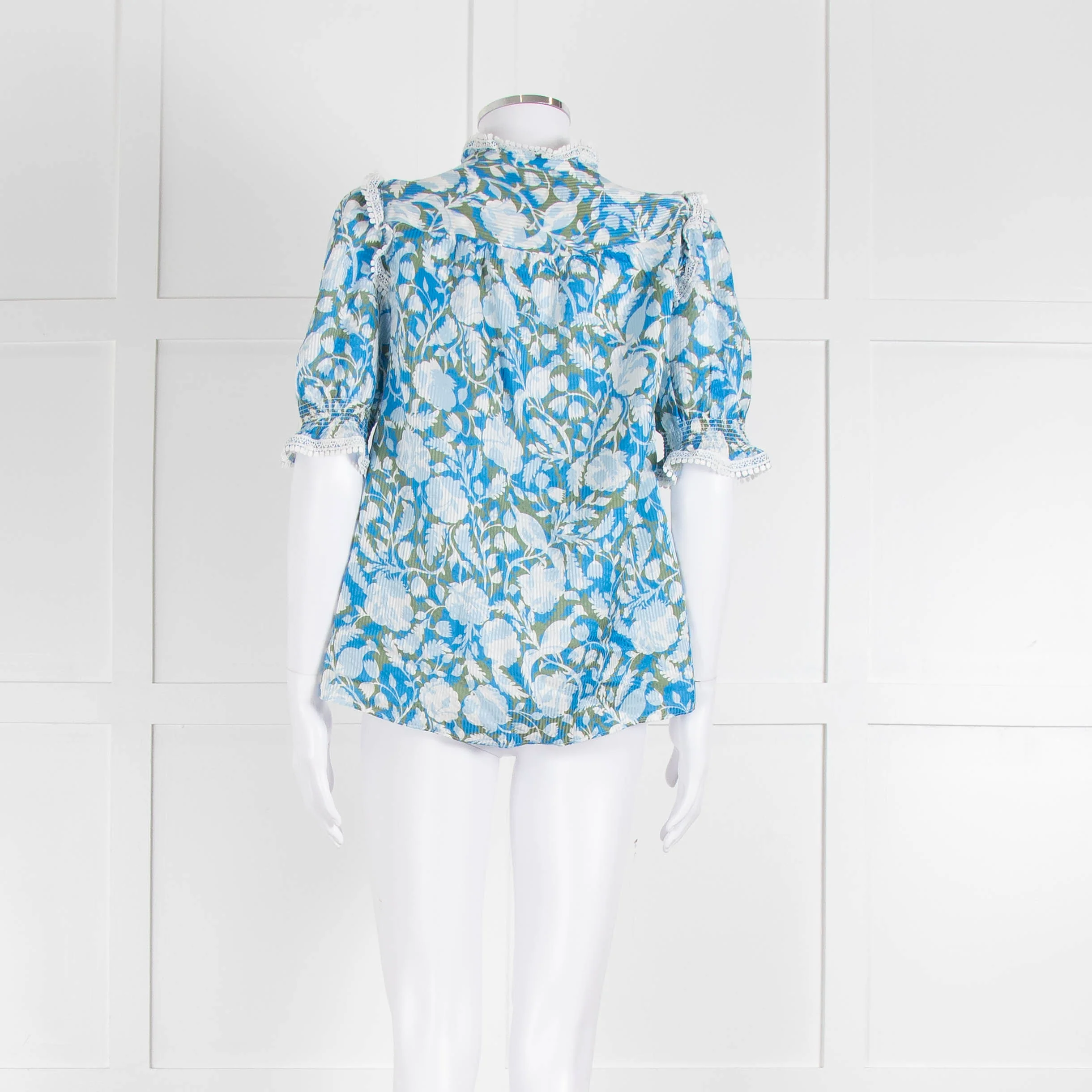 Me + Em Blue And Green Floral Silk Mix Top With Lace Trim - Image 5