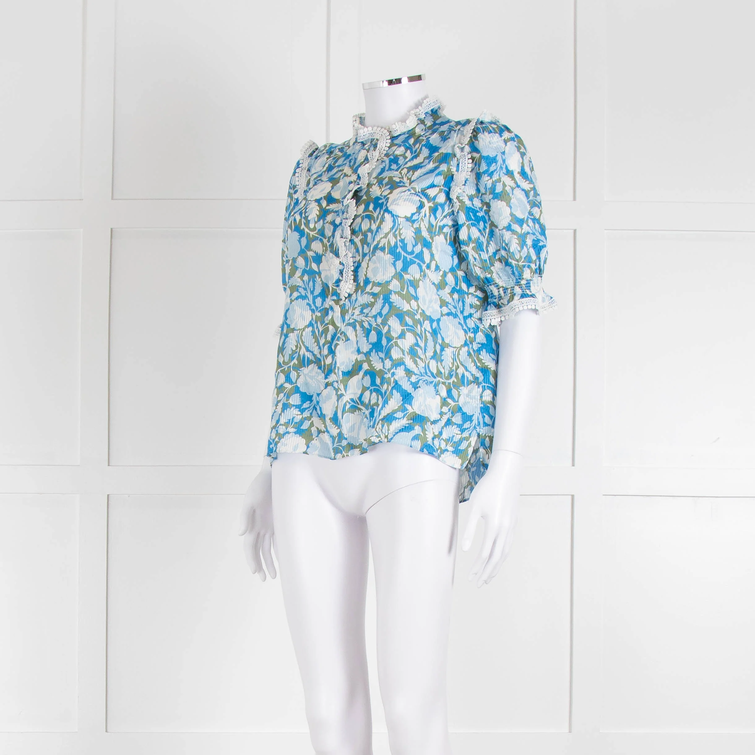 Me + Em Blue And Green Floral Silk Mix Top With Lace Trim - Image 8