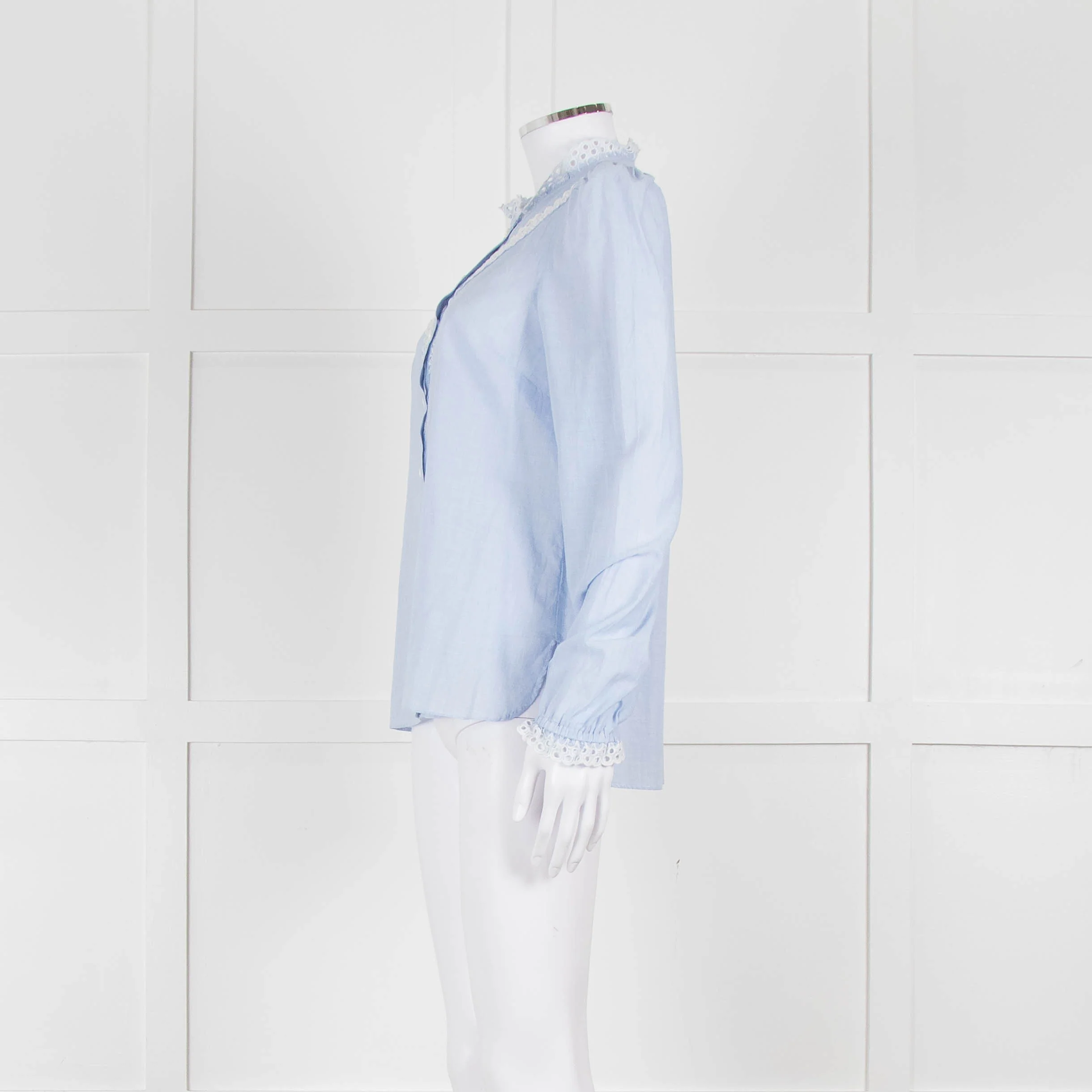Me + Em Blue Cotton Blouse with Anglaise Inserts - Image 7