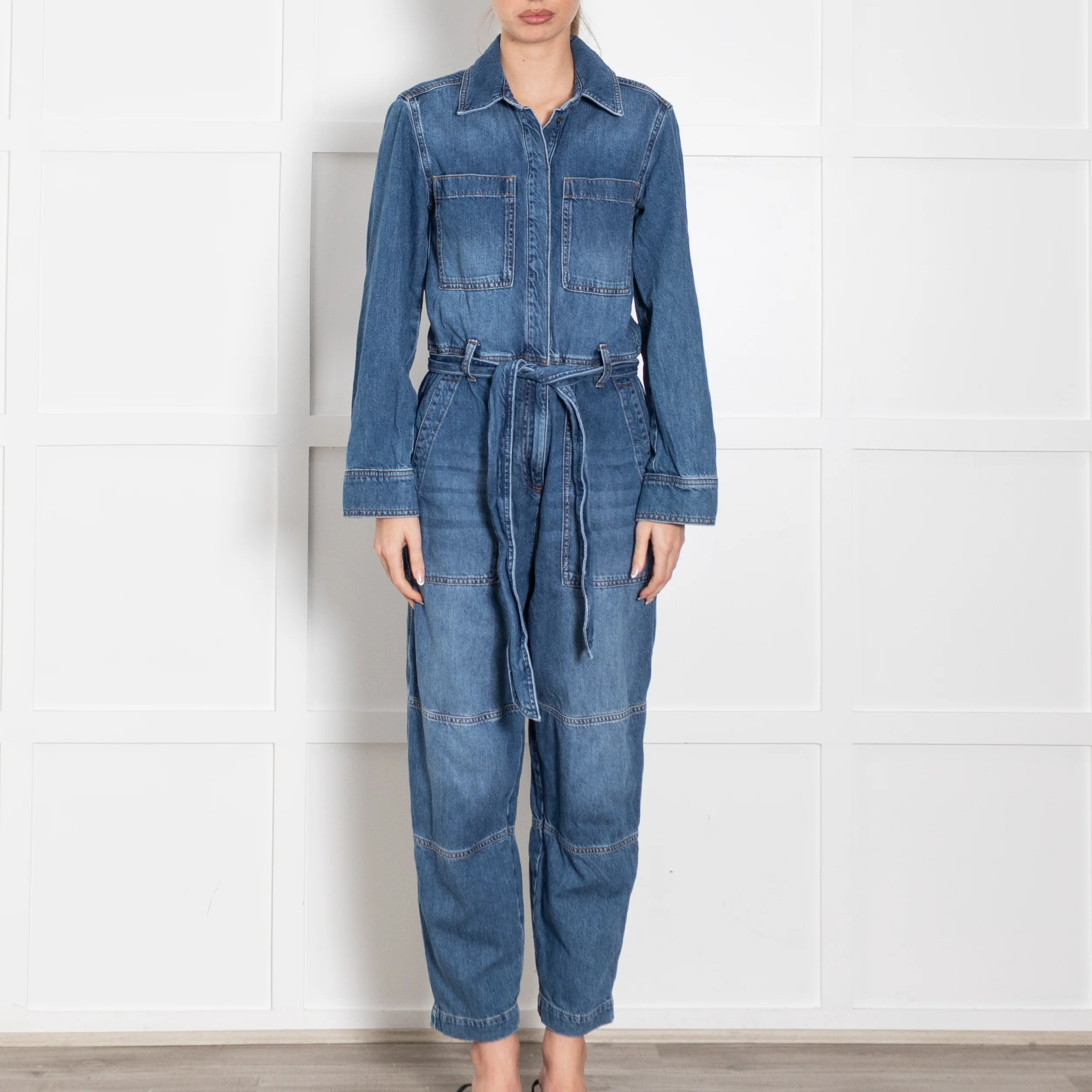 Me + Em Blue Denim Belted Barrell Leg Jumpsuit - Image 2