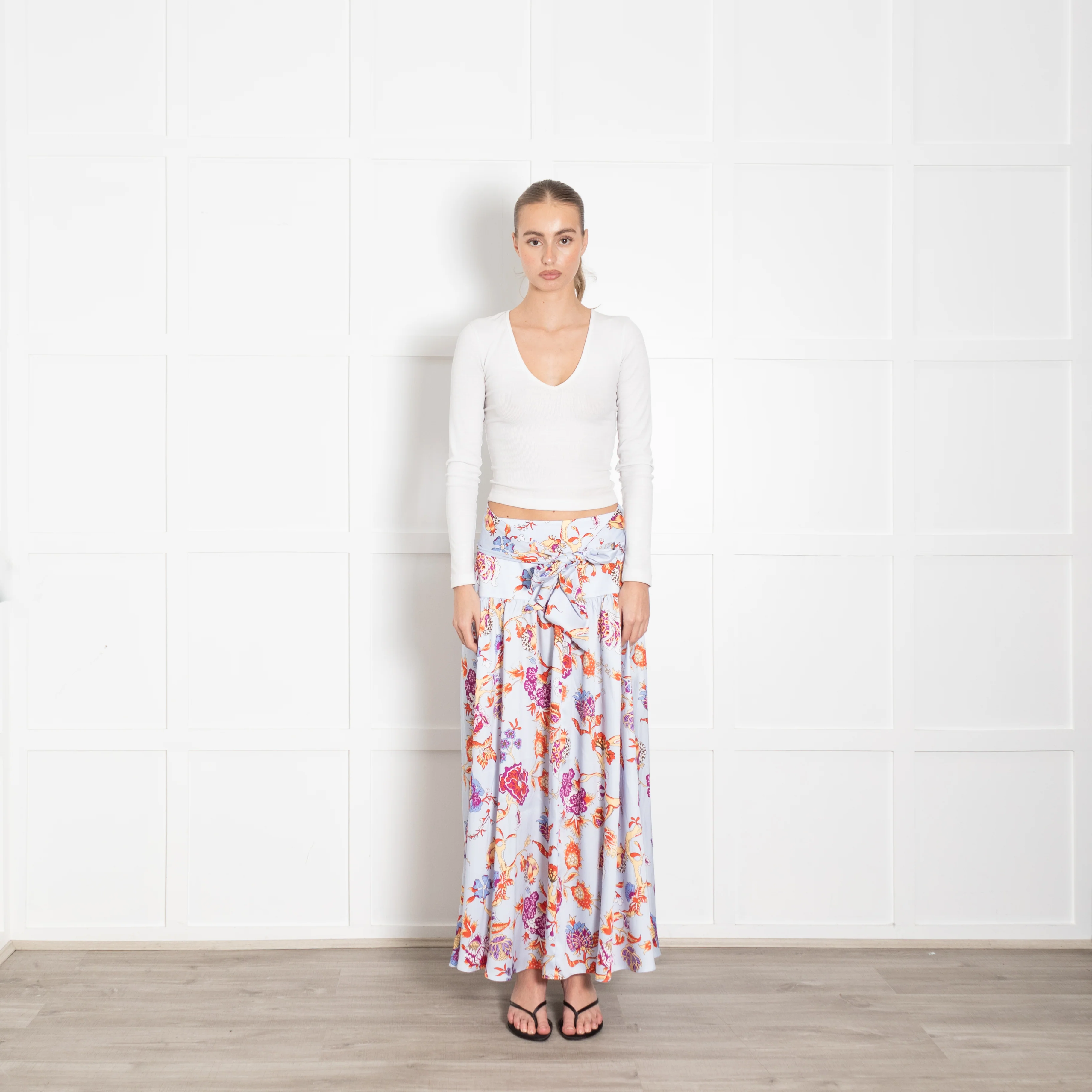 Me + Em Blue Floral Maxi Drop Waist Silk Feel Skirt
