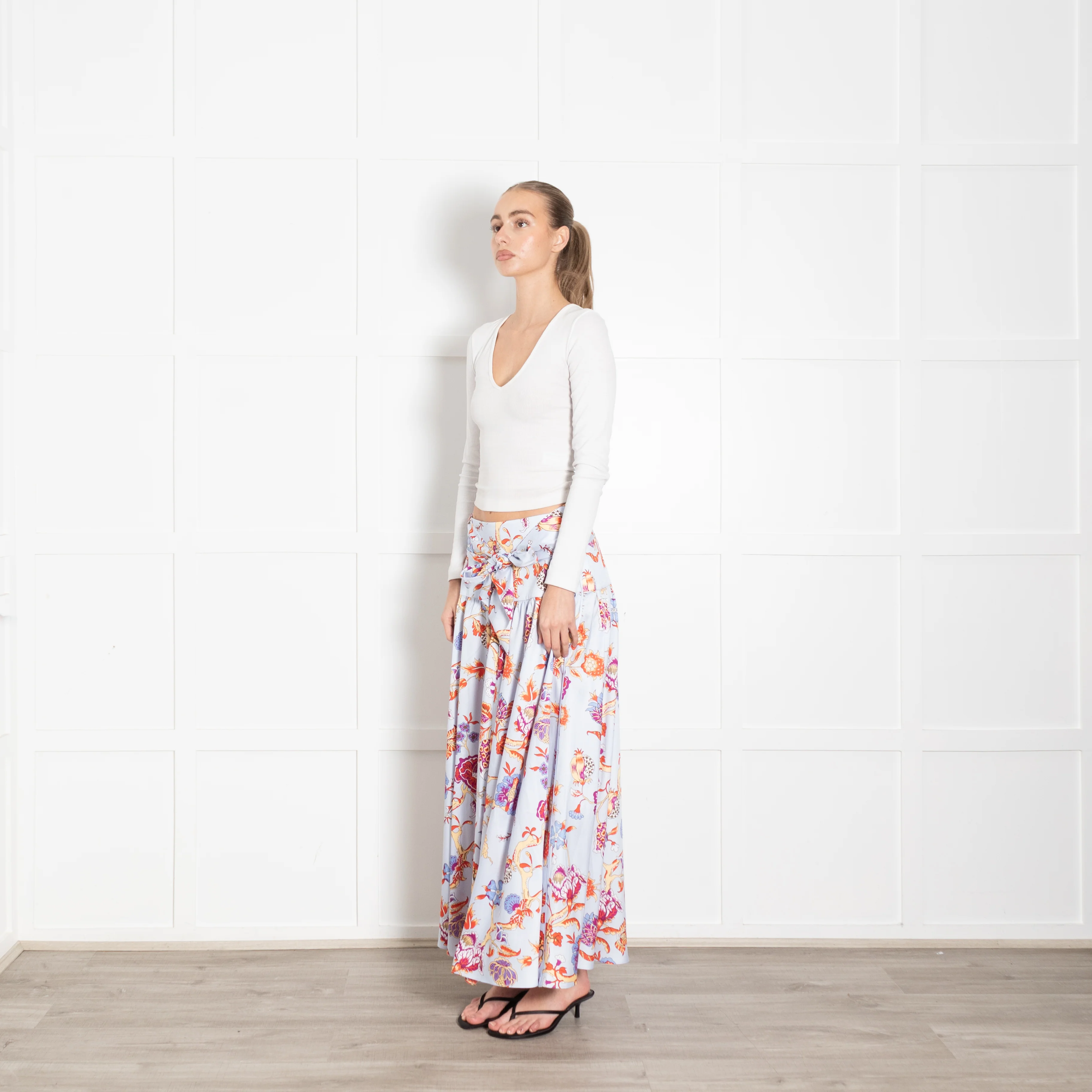 Me + Em Blue Floral Maxi Drop Waist Silk Feel Skirt - Image 3