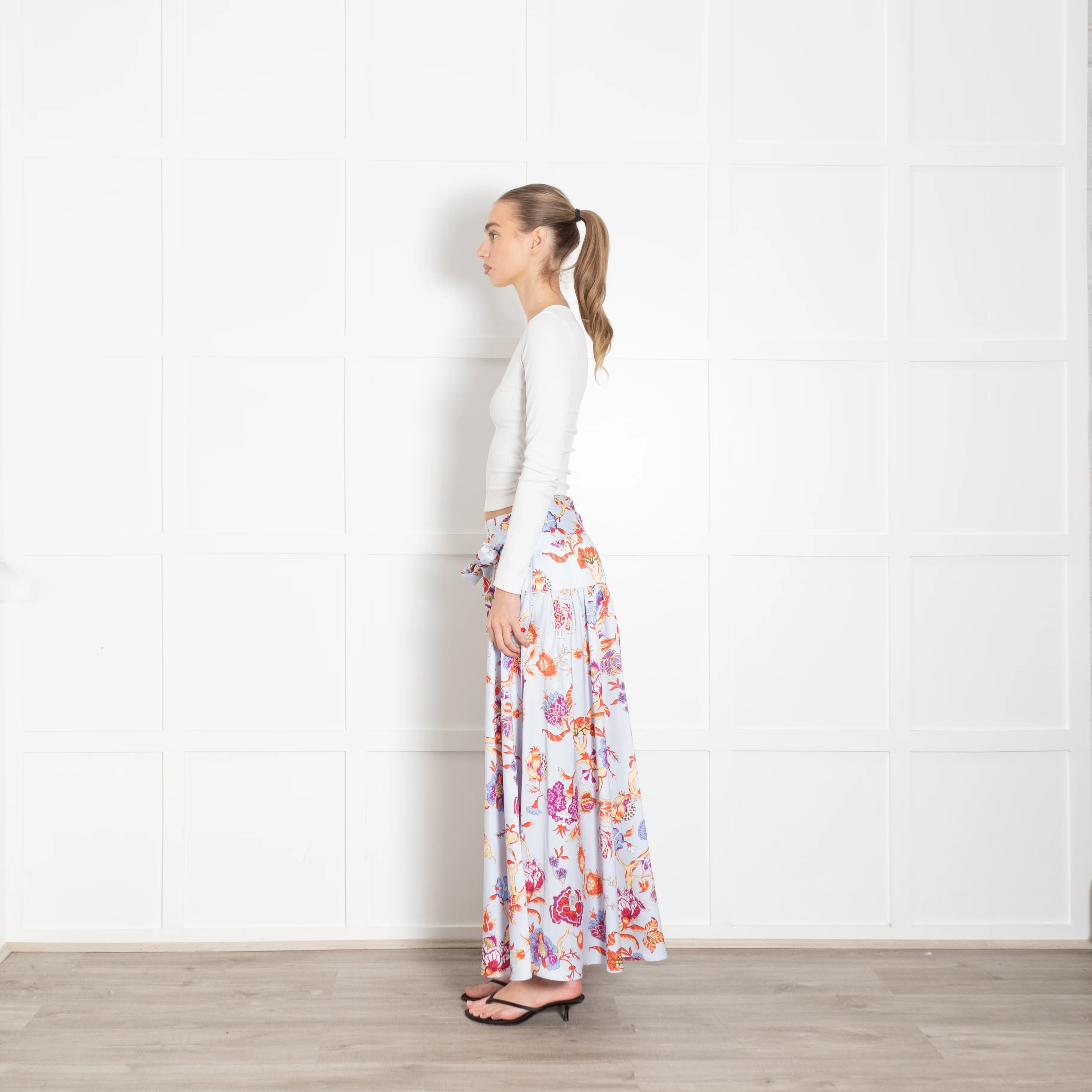 Me + Em Blue Floral Maxi Drop Waist Silk Feel Skirt - Image 4