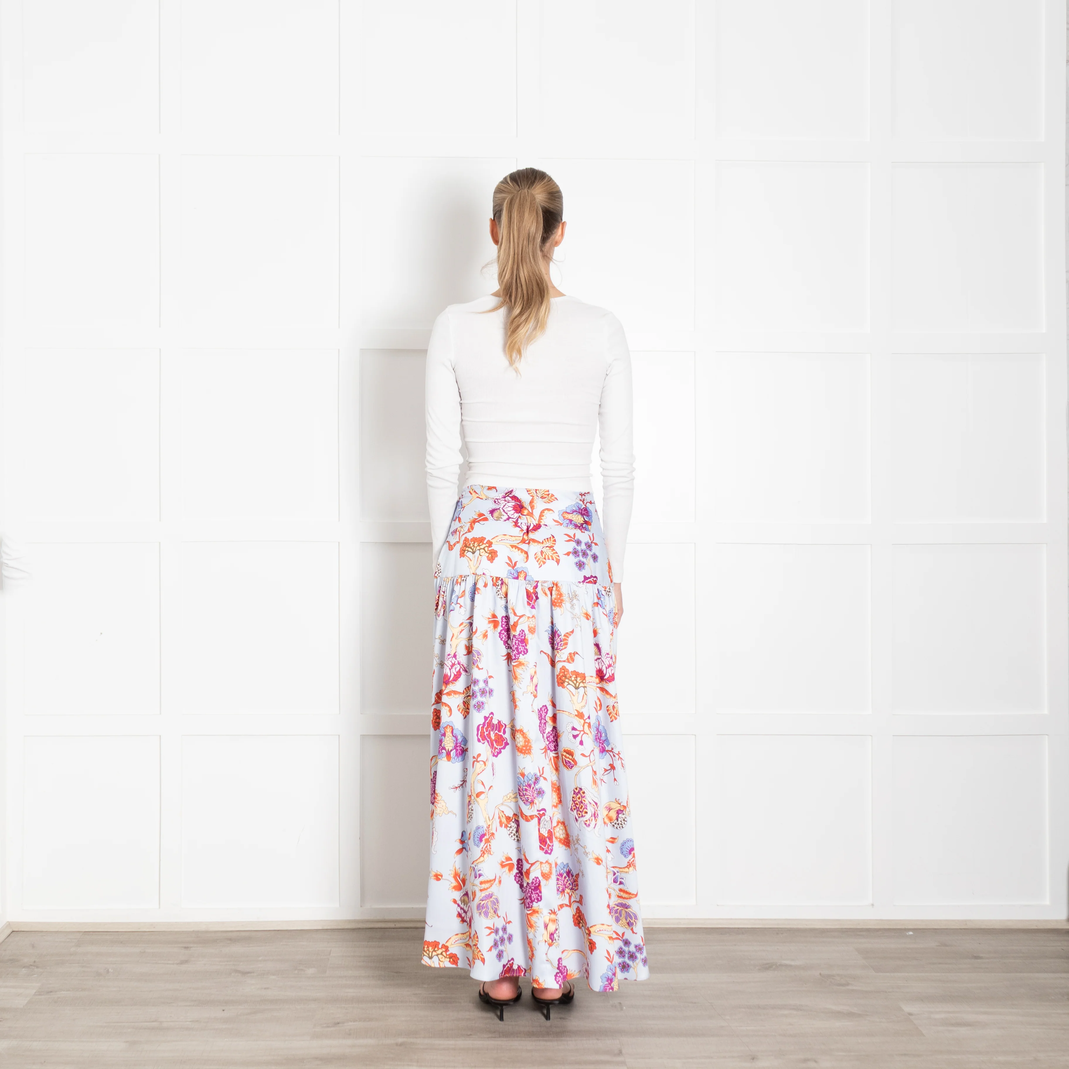 Me + Em Blue Floral Maxi Drop Waist Silk Feel Skirt - Image 5