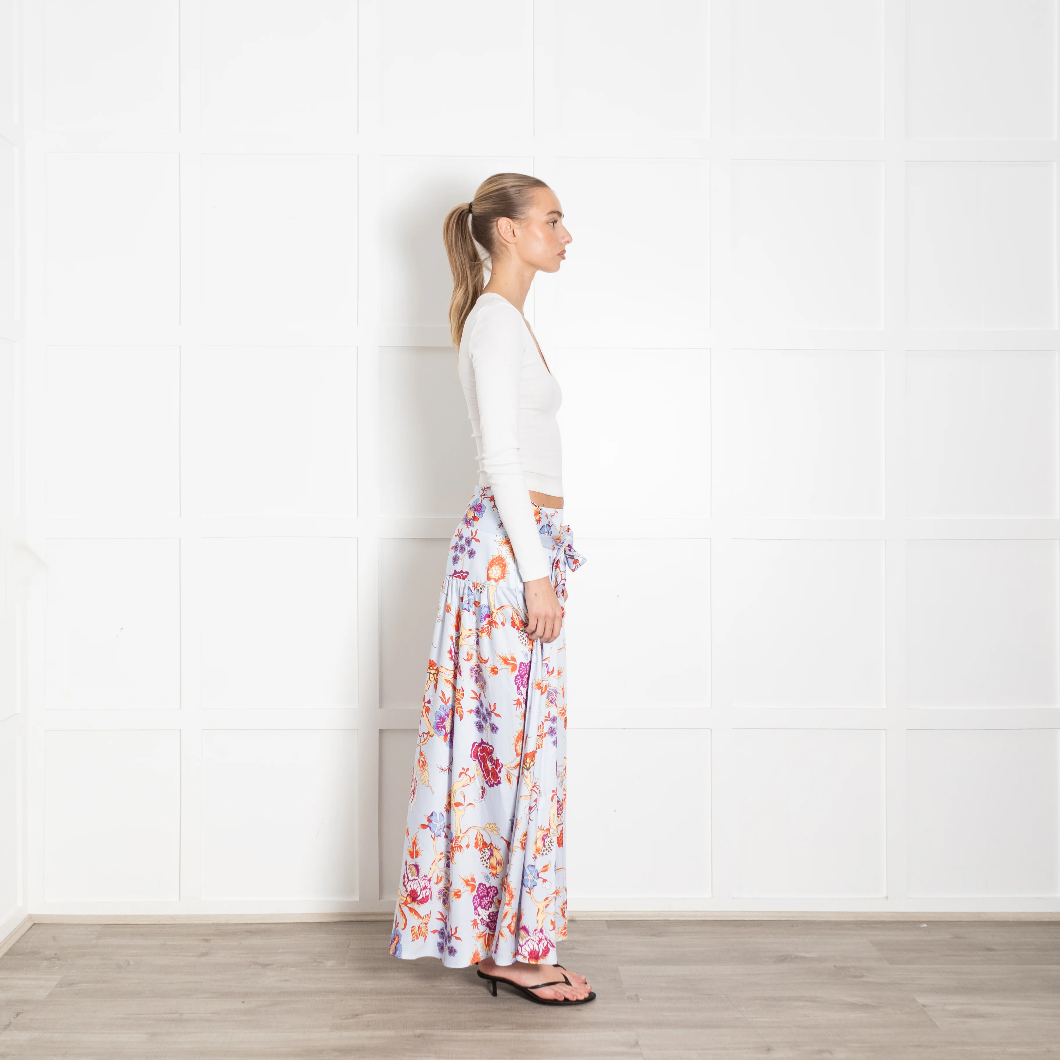 Me + Em Blue Floral Maxi Drop Waist Silk Feel Skirt - Image 6