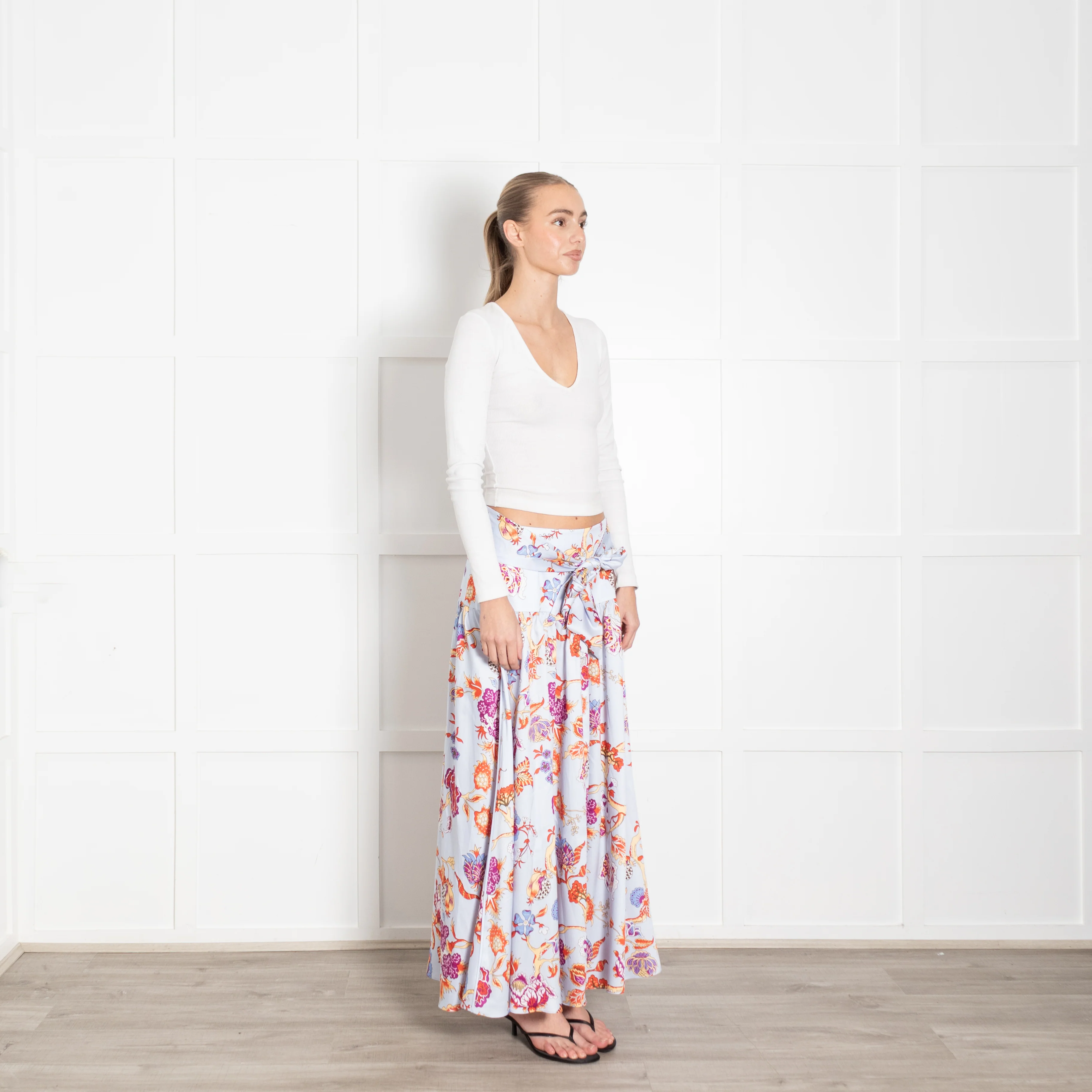 Me + Em Blue Floral Maxi Drop Waist Silk Feel Skirt - Image 7