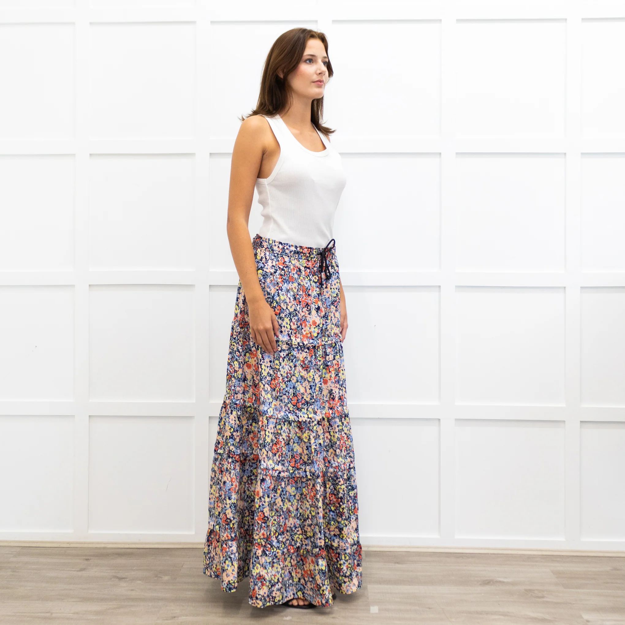 Me + Em Blue Red Handpainted Floral Maxi Skirt - Image 4