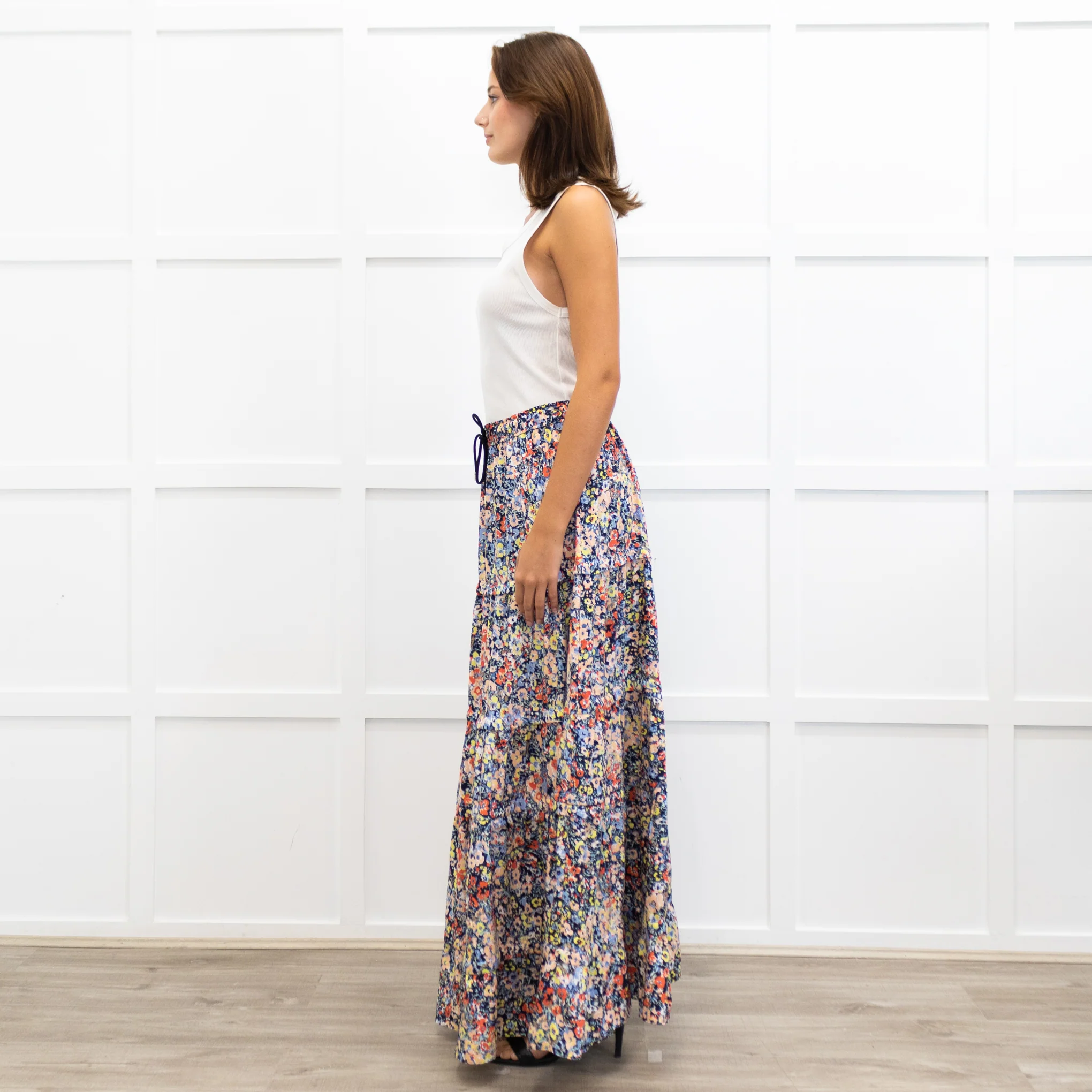 Me + Em Blue Red Handpainted Floral Maxi Skirt - Image 5