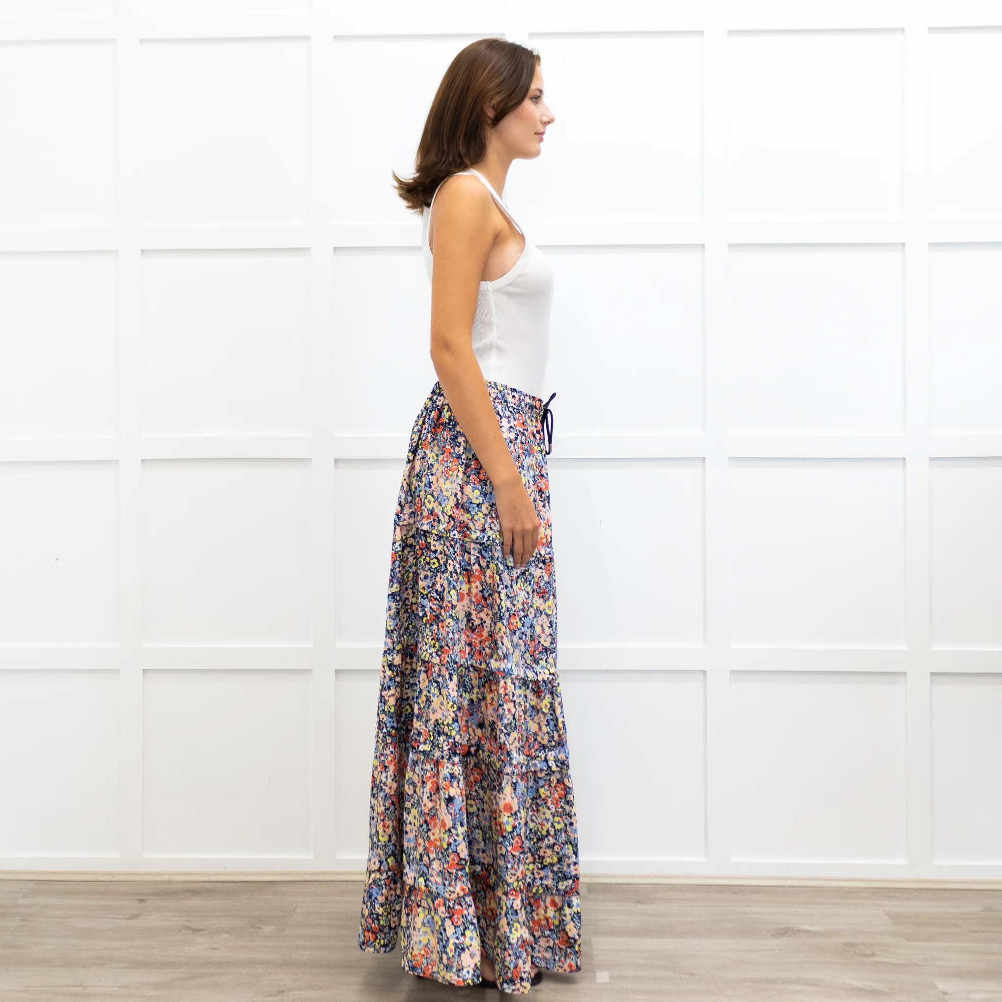 Me + Em Blue Red Handpainted Floral Maxi Skirt - Image 7