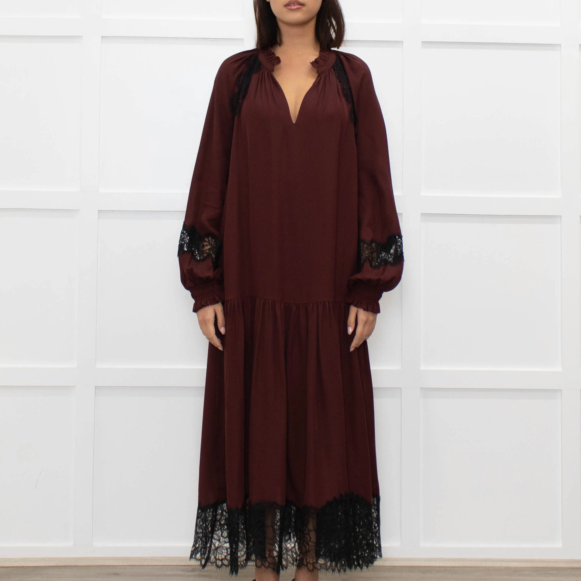 Me + Em Burgundy Lace And Silk Midi Dress - Image 2