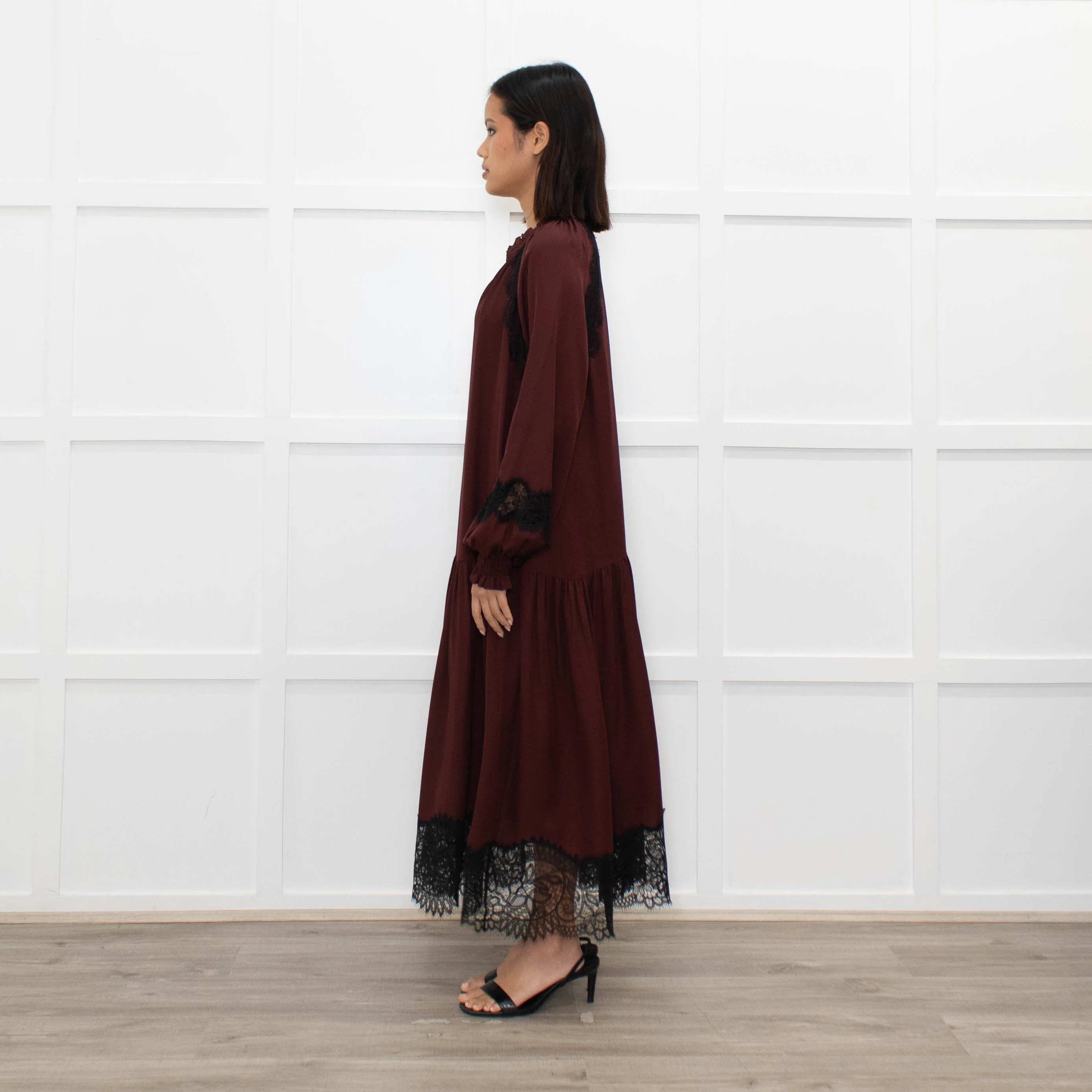 Me + Em Burgundy Lace And Silk Midi Dress - Image 6