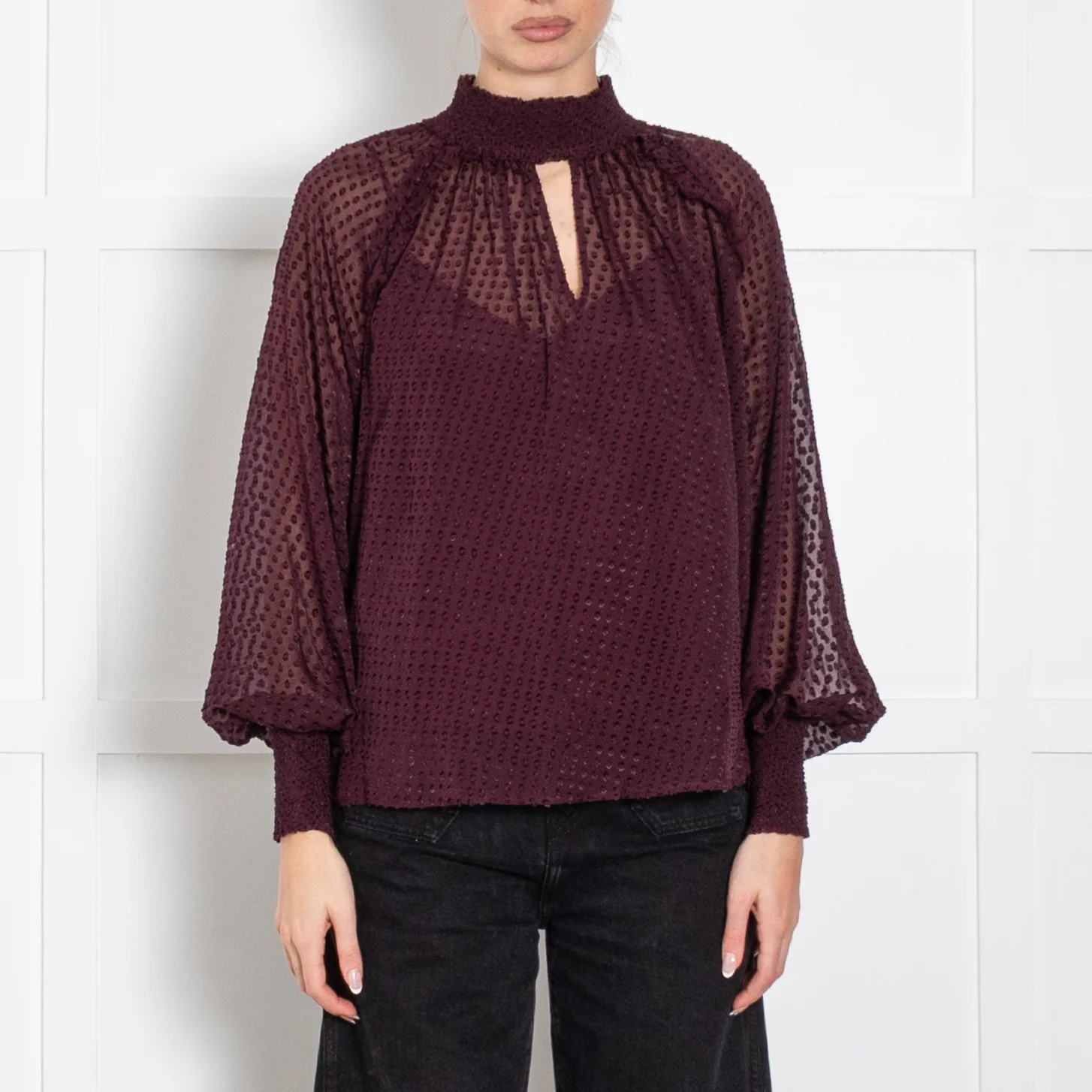 Me + Em Burgundy Sheer with Vest Long Sleeve Dots Top - Image 2