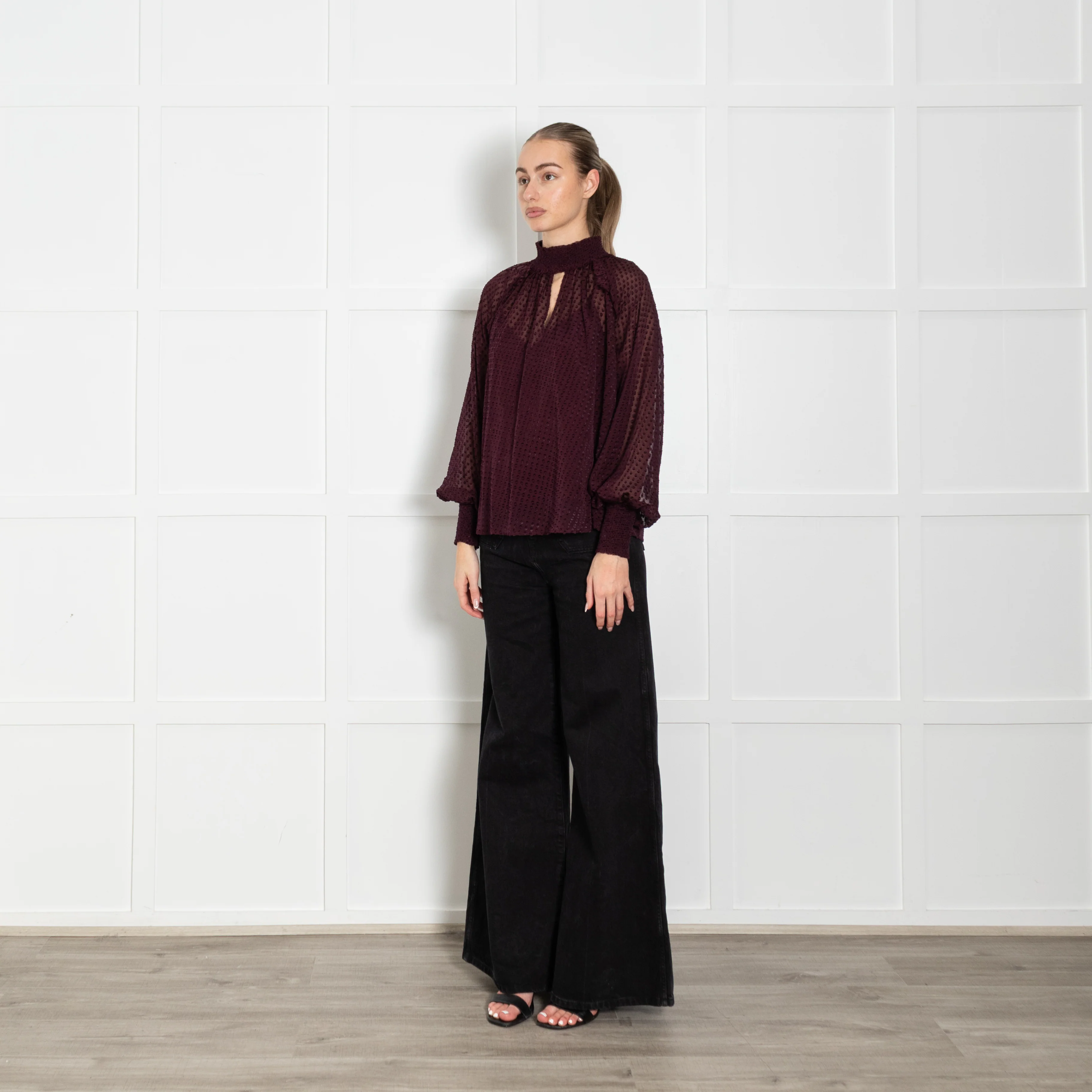 Me + Em Burgundy Sheer with Vest Long Sleeve Dots Top - Image 3