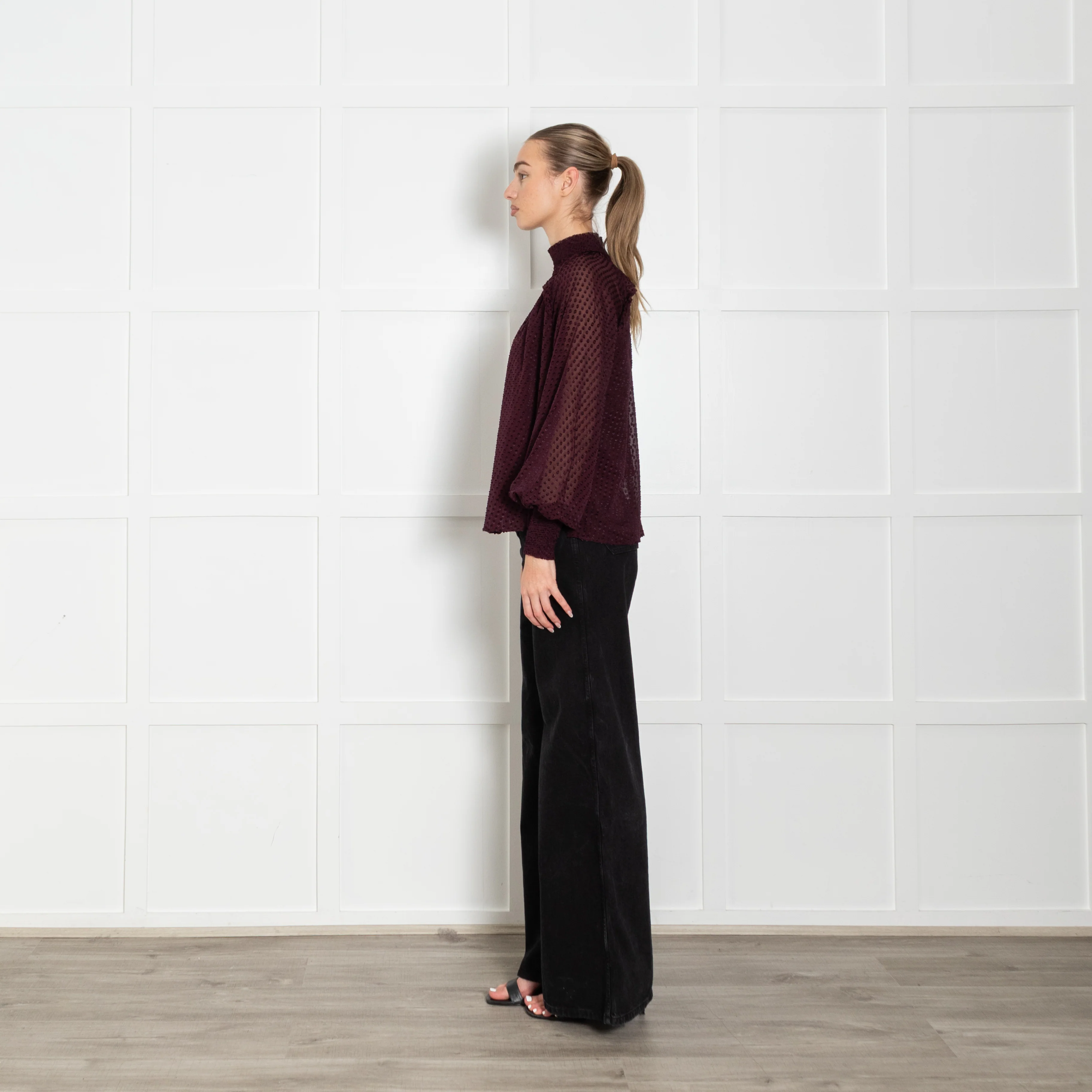 Me + Em Burgundy Sheer with Vest Long Sleeve Dots Top - Image 4