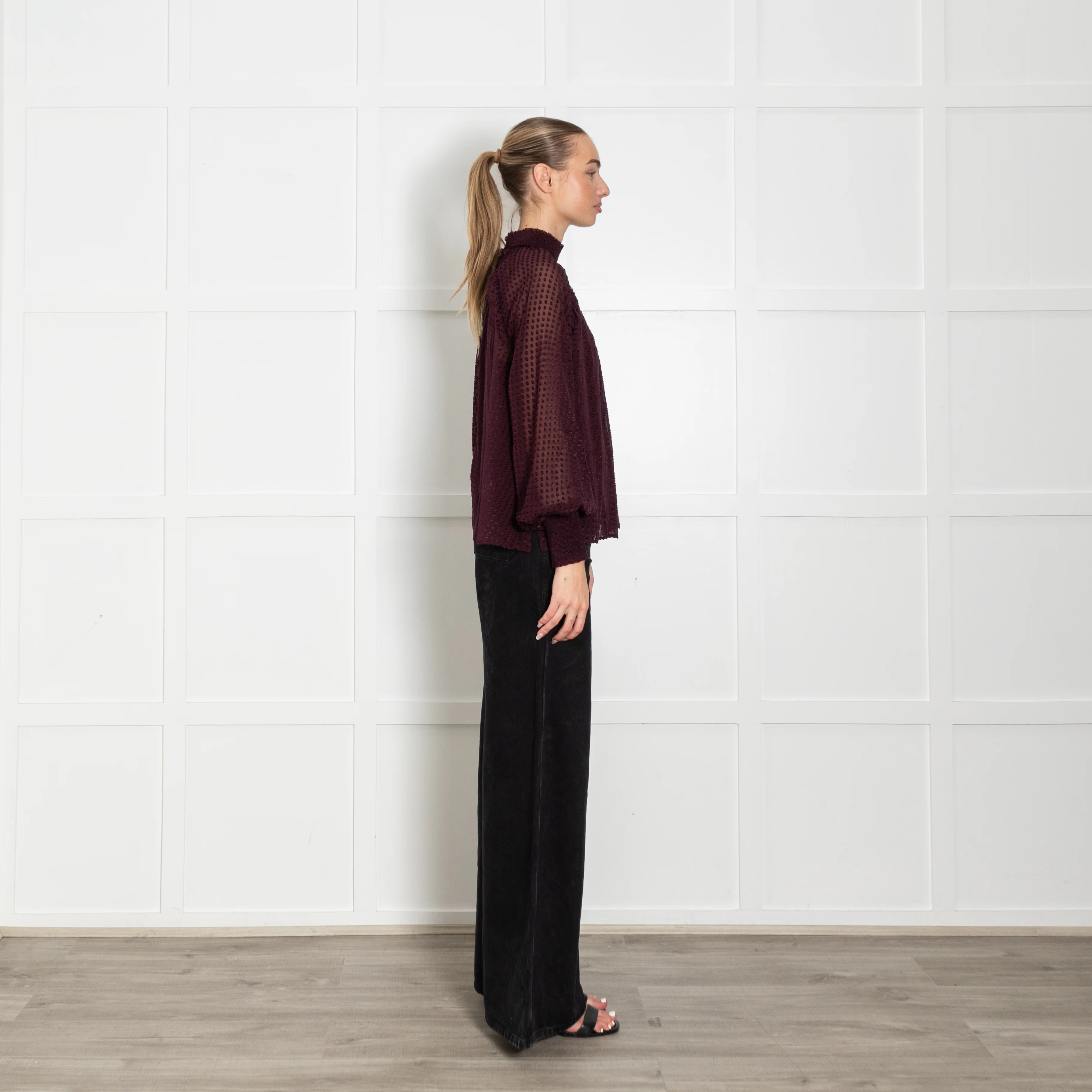 Me + Em Burgundy Sheer with Vest Long Sleeve Dots Top - Image 6