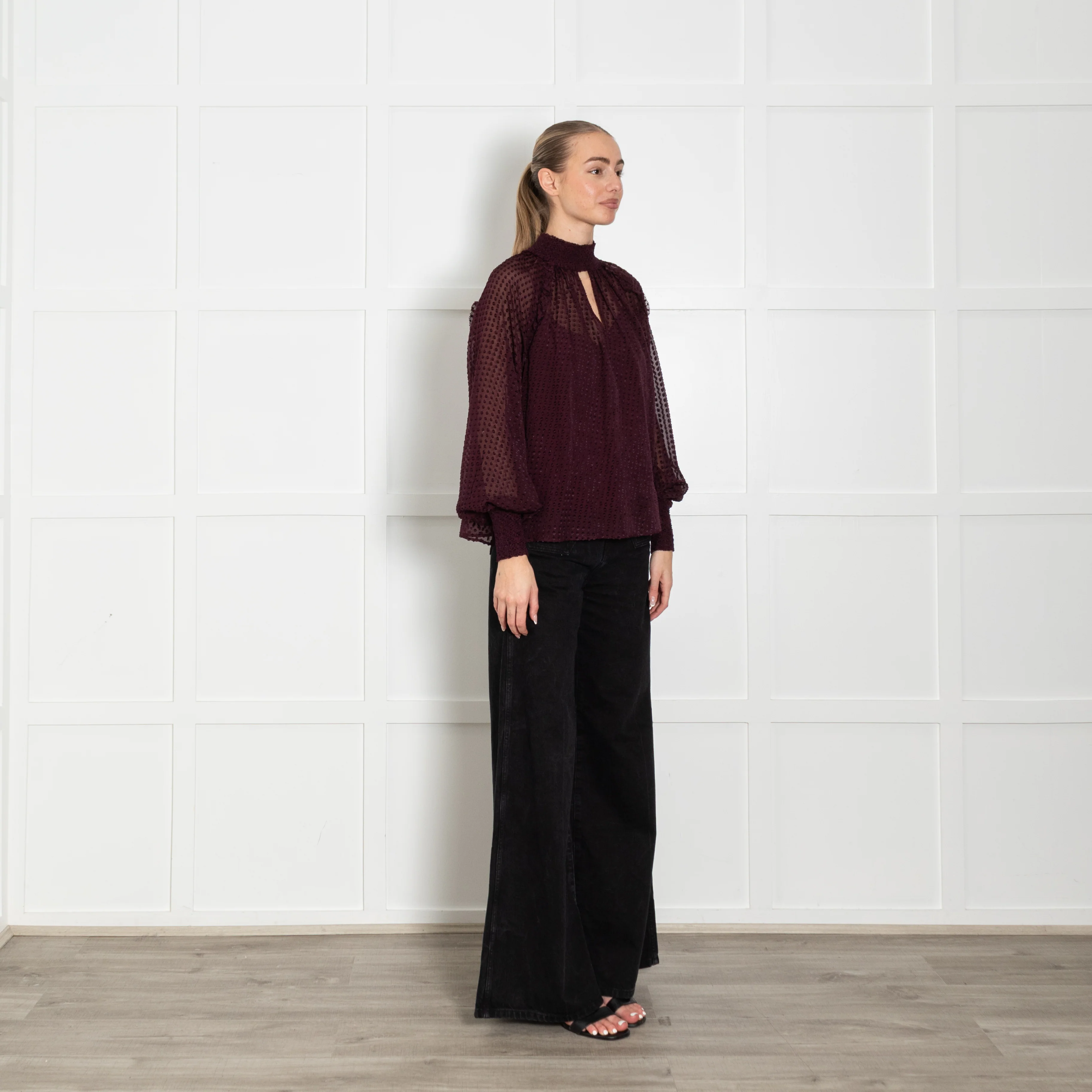 Me + Em Burgundy Sheer with Vest Long Sleeve Dots Top - Image 7