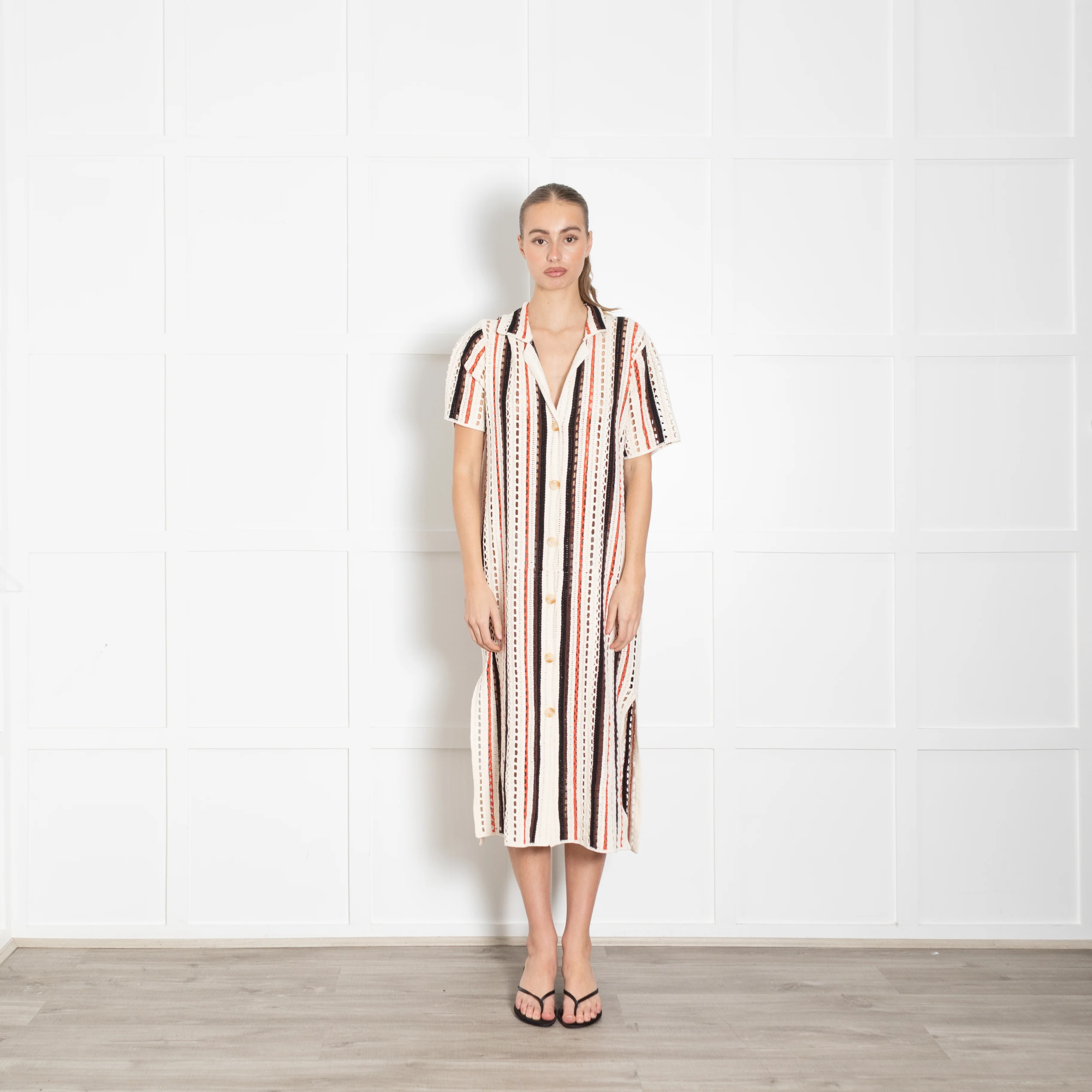 Me + Em Cream And Orange Stripe Crochet Shirt Dress