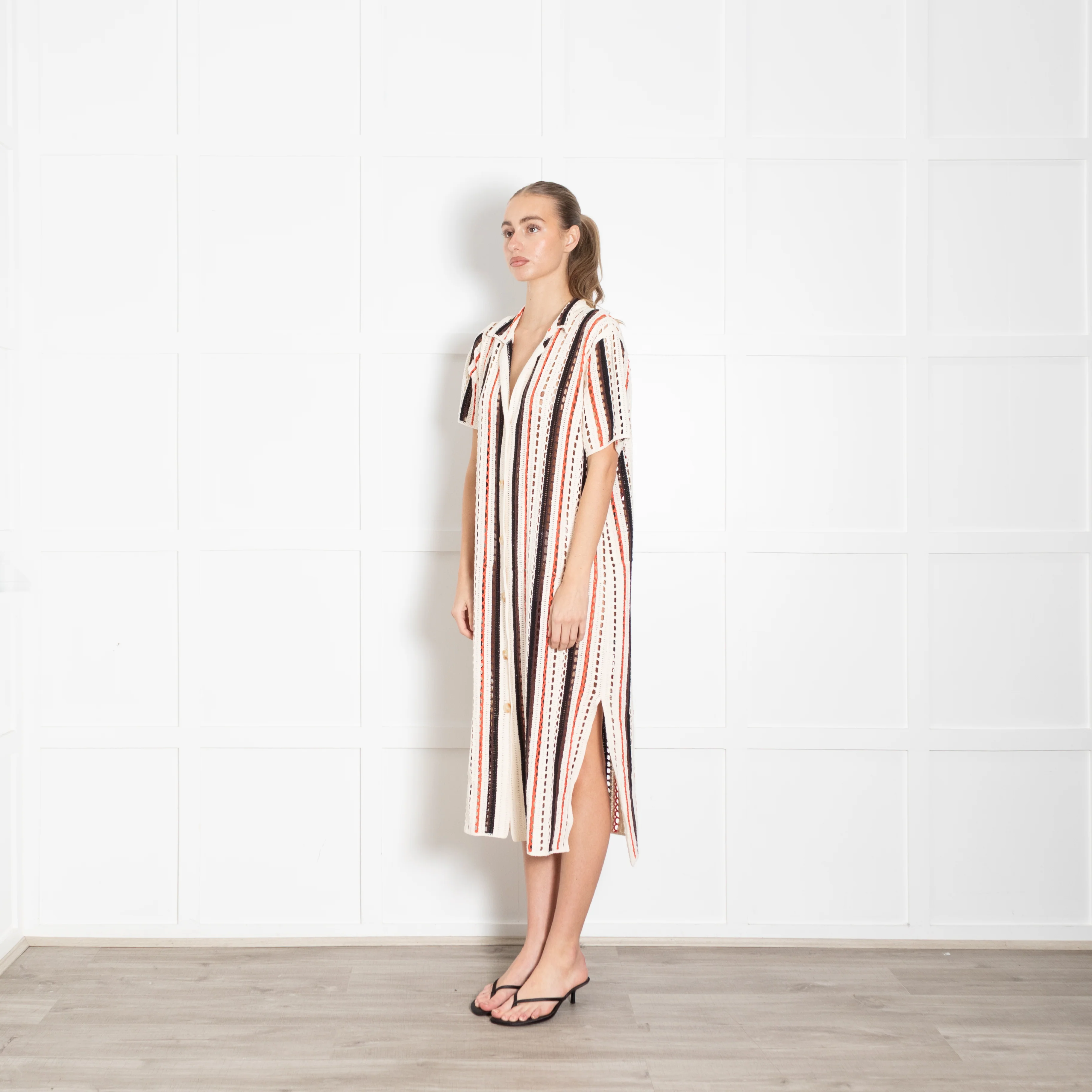 Me + Em Cream And Orange Stripe Crochet Shirt Dress - Image 3