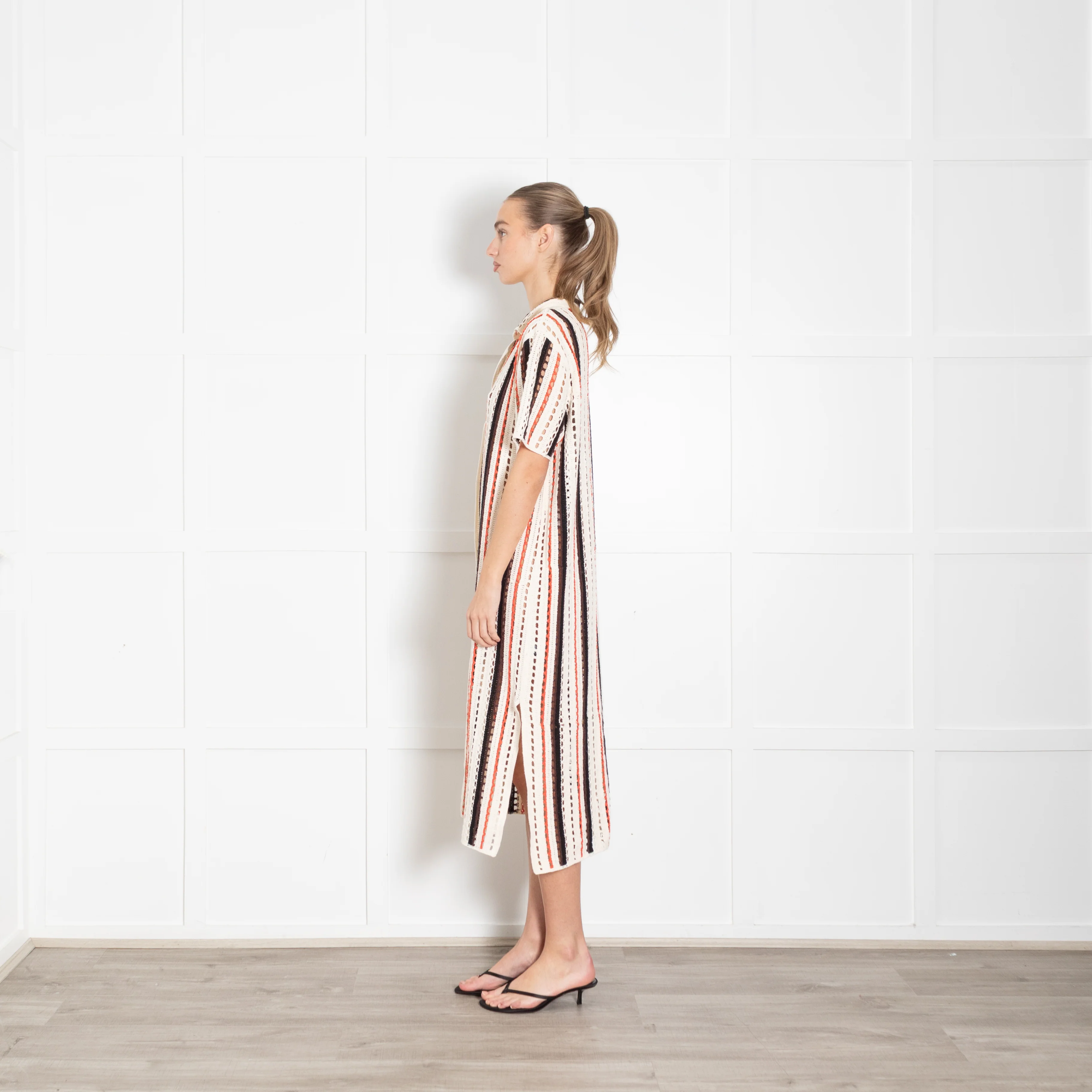 Me + Em Cream And Orange Stripe Crochet Shirt Dress - Image 4