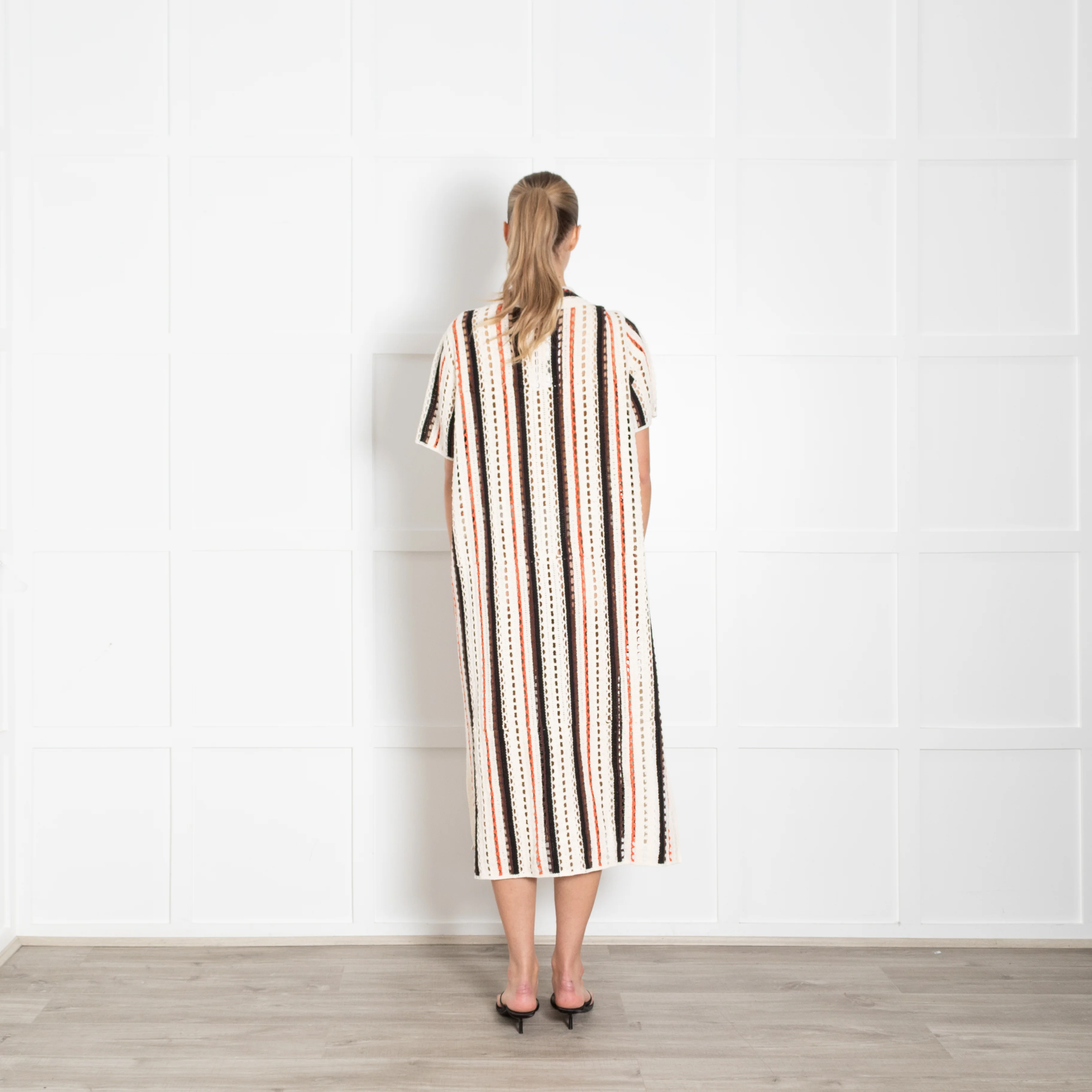 Me + Em Cream And Orange Stripe Crochet Shirt Dress - Image 5