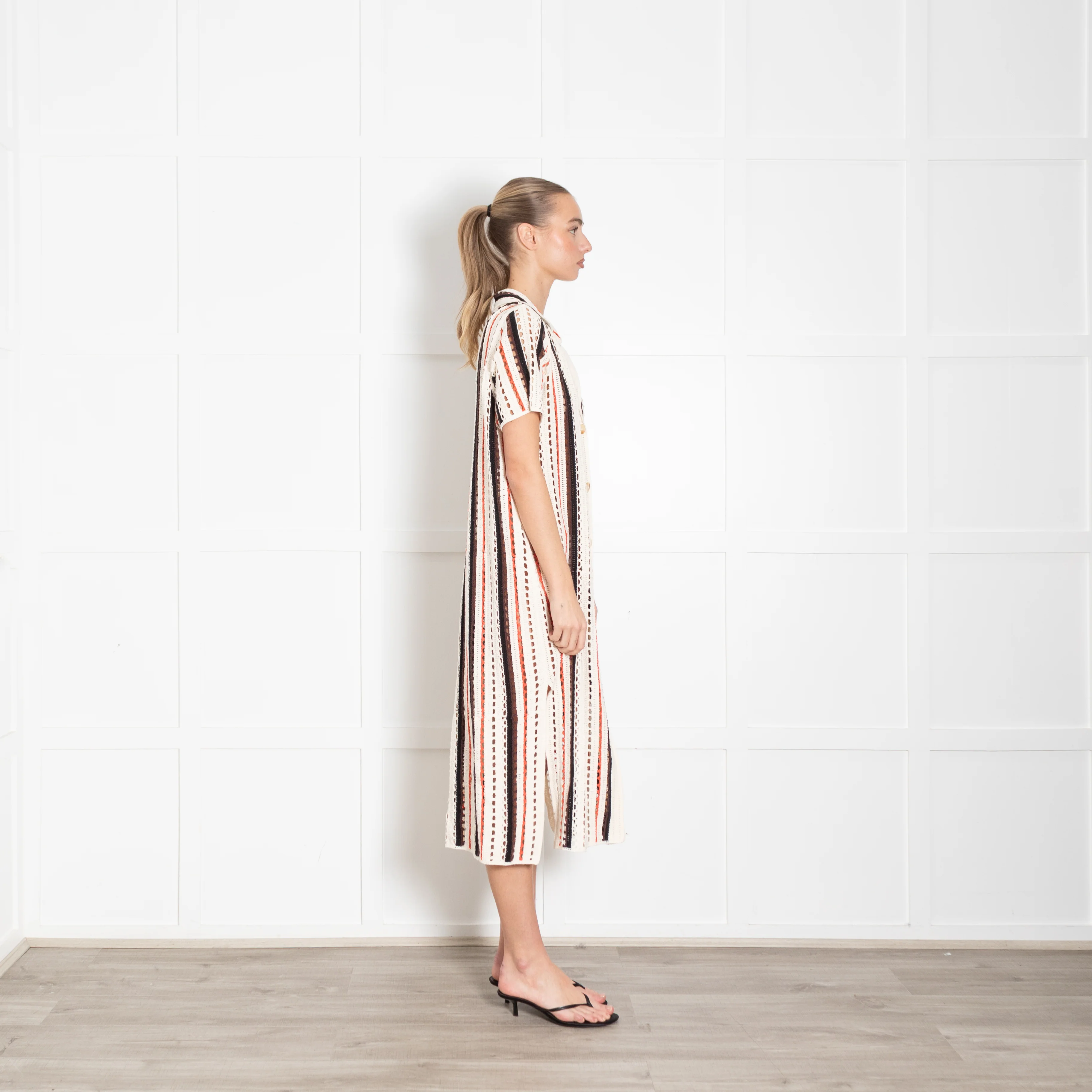 Me + Em Cream And Orange Stripe Crochet Shirt Dress - Image 6