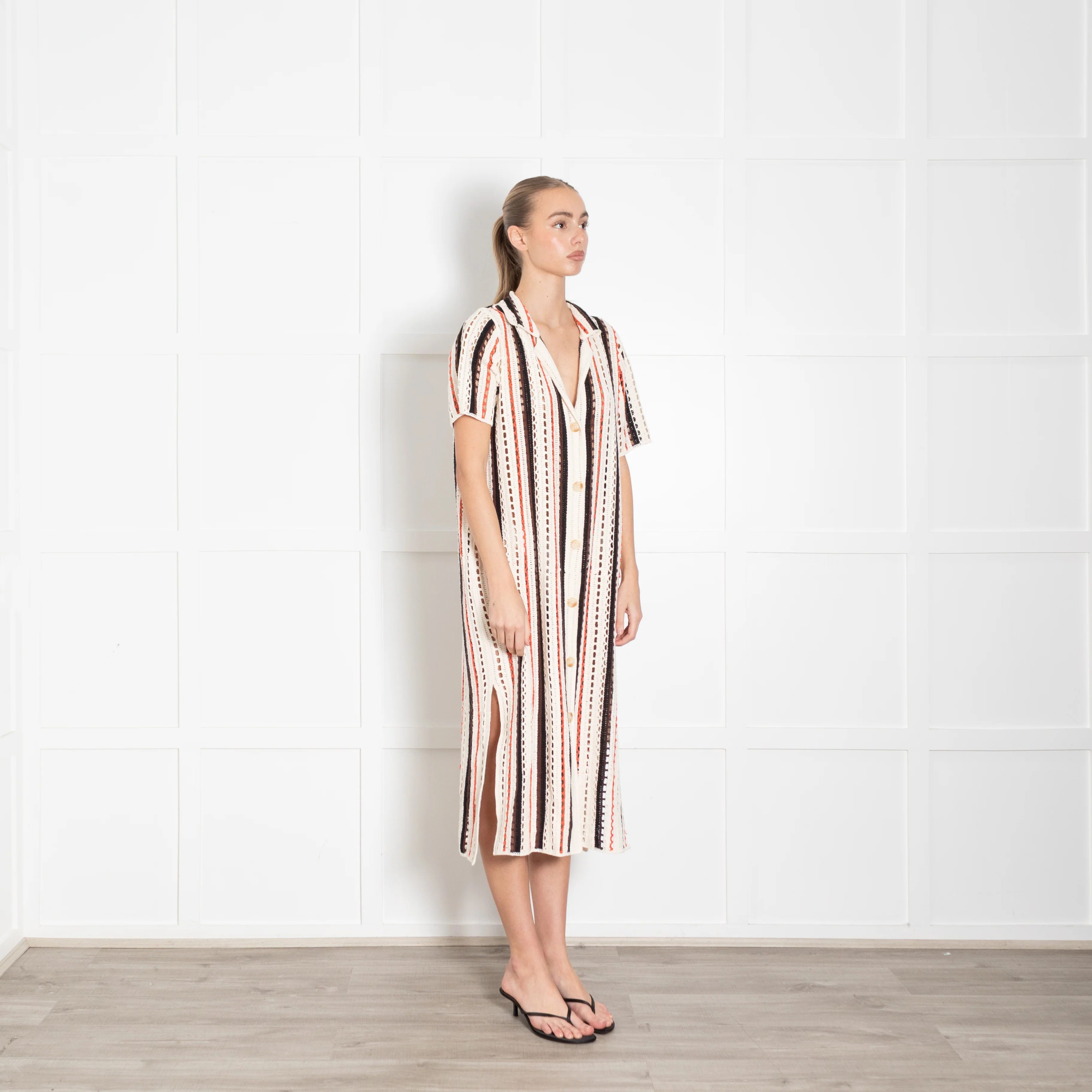 Me + Em Cream And Orange Stripe Crochet Shirt Dress - Image 7