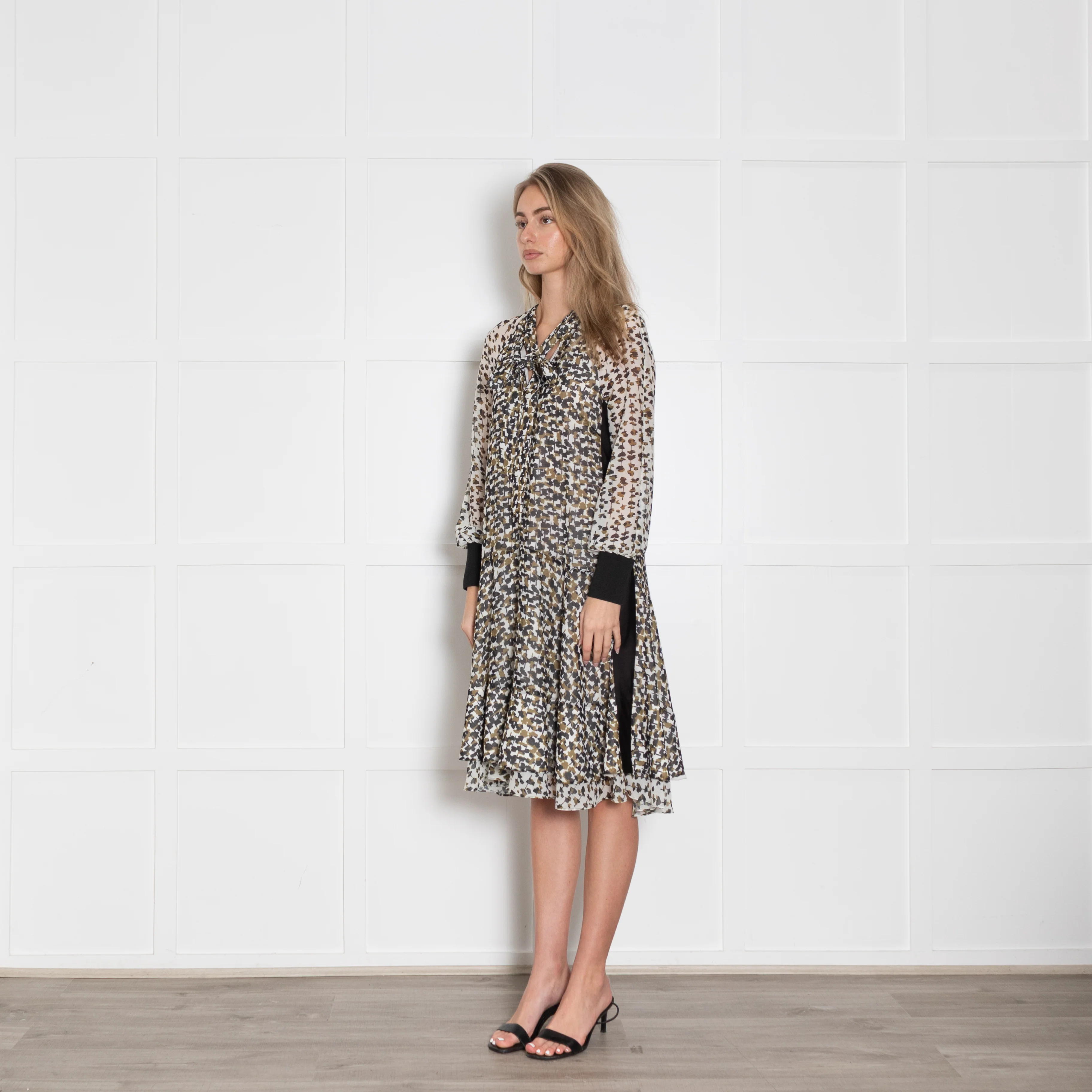 Me + Em Cream, Black & Green Dress With Tie Neck Detail & Black Cuffs/Side Panels - Image 3
