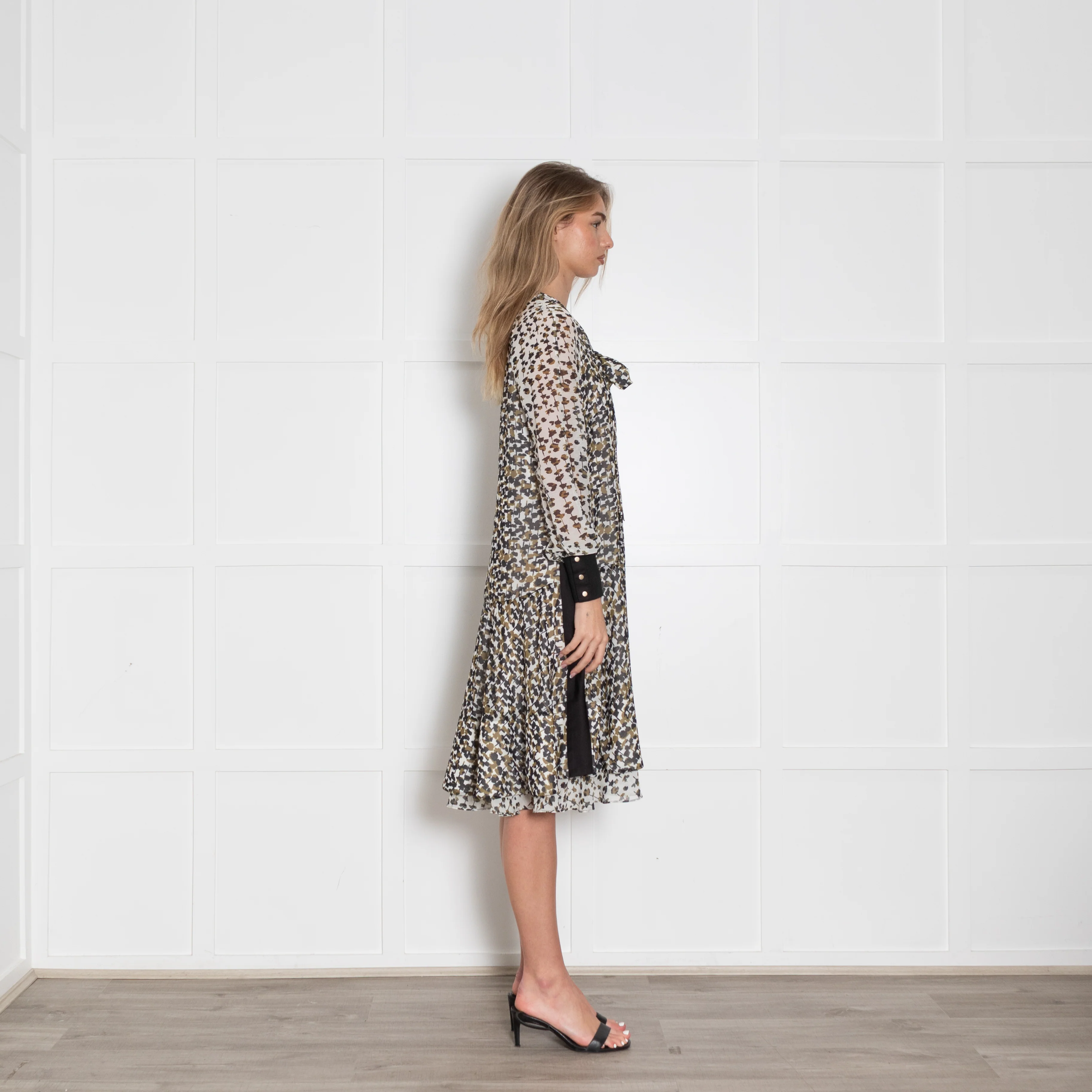Me + Em Cream, Black & Green Dress With Tie Neck Detail & Black Cuffs/Side Panels - Image 6
