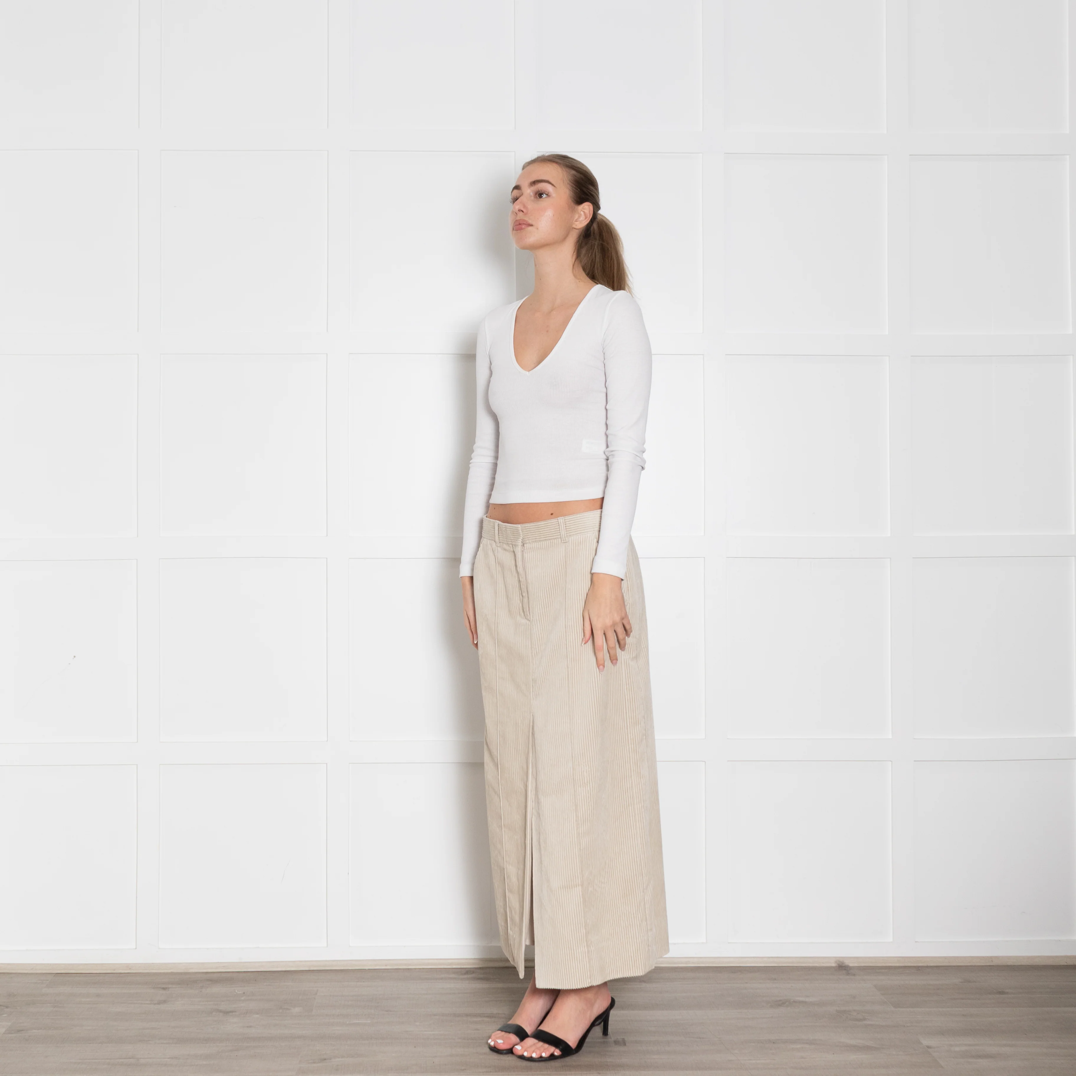 Me + Em Cream Corduroy Front Slit Long Skirt - Image 3