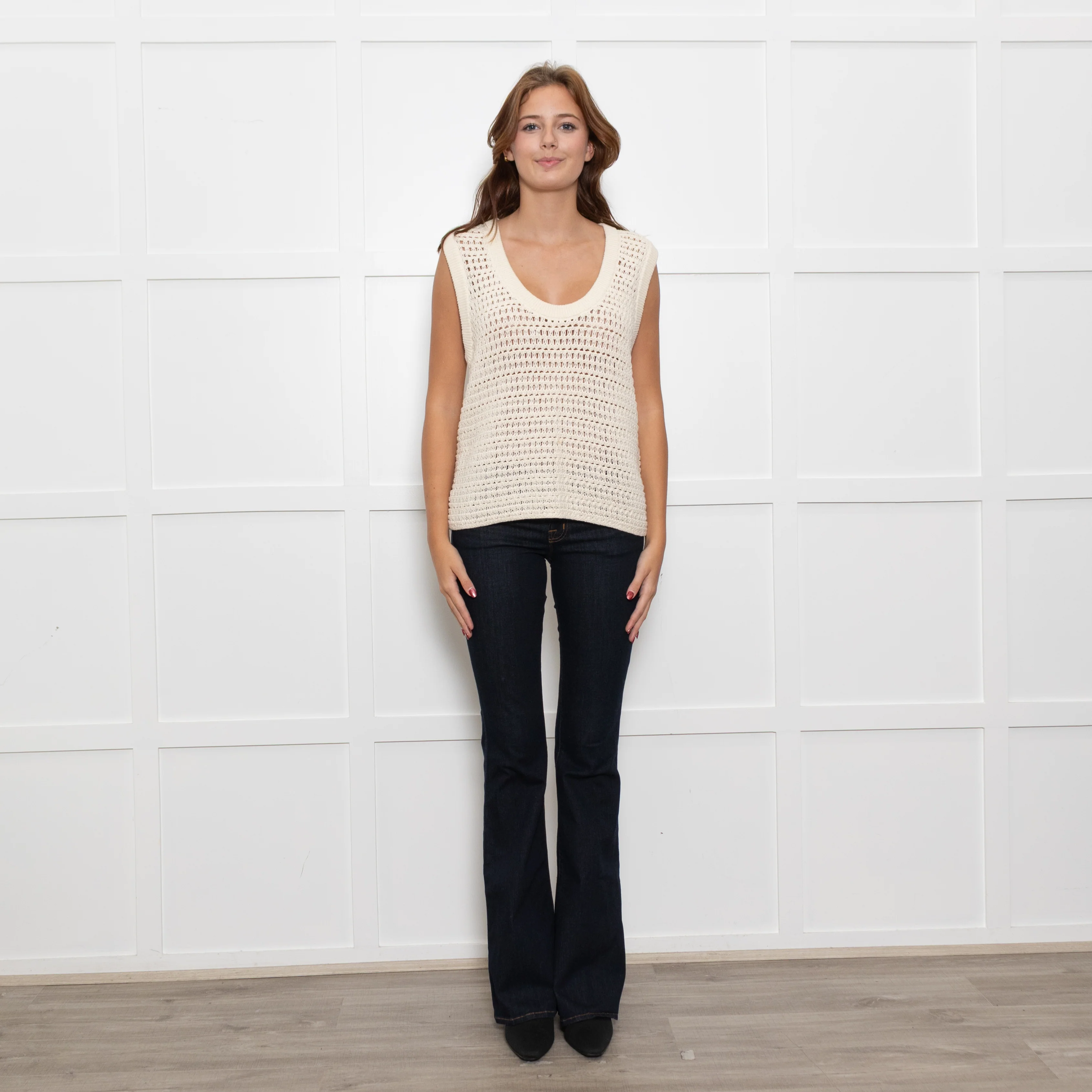 Me + Em Cream Crochet Sleeveless Jumper Vest