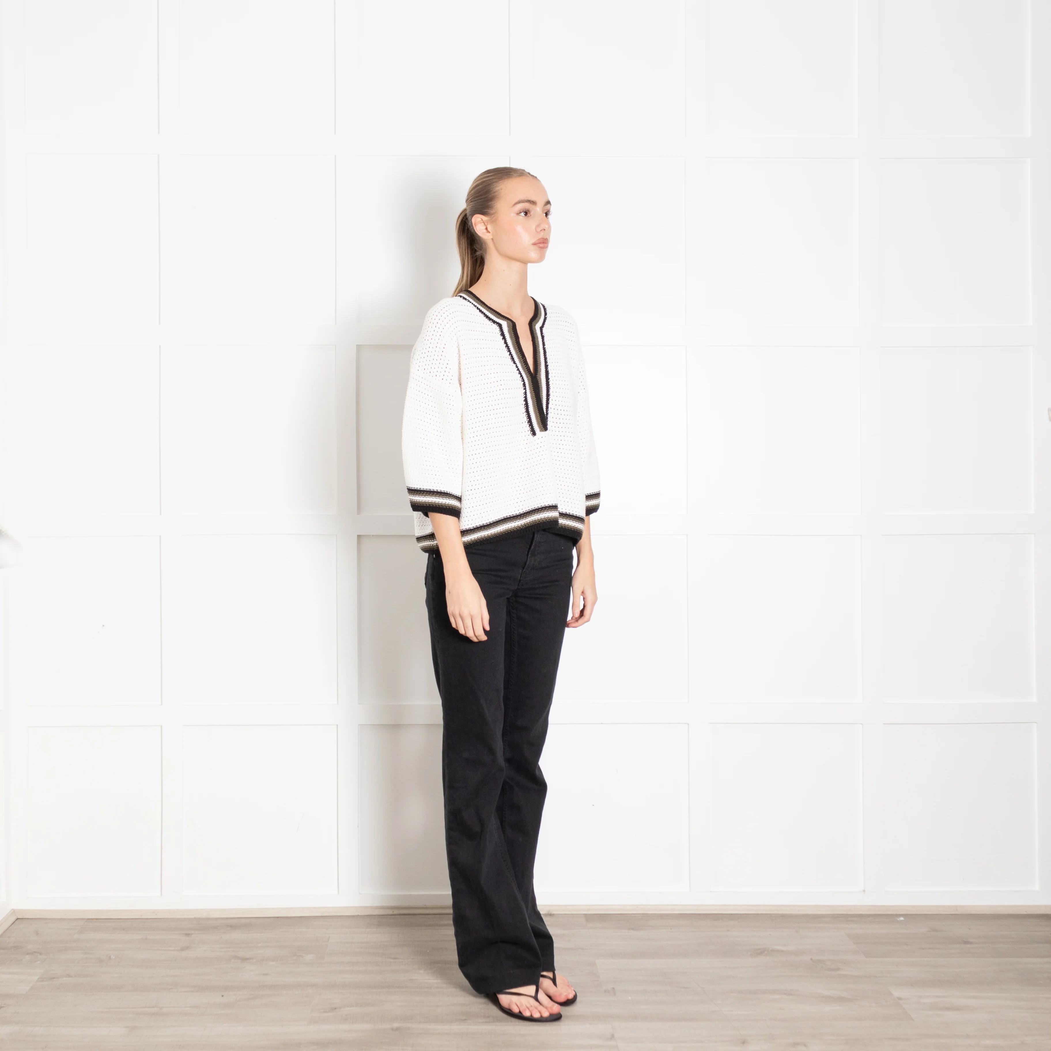Me + Em Cream Crochet Top With Neck And Hem Stripe Detail - Image 7