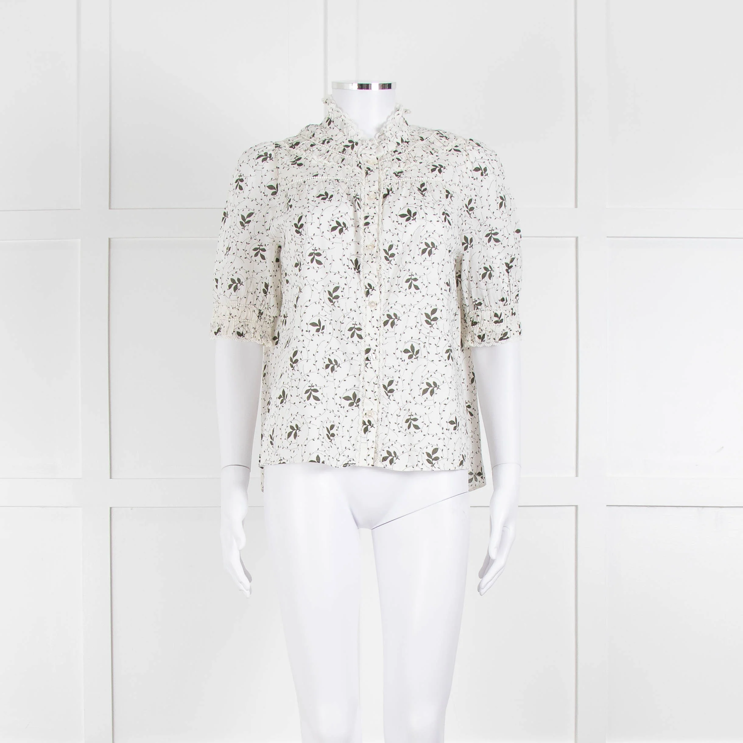 ME + EM Cream Khaki Floral Cotton Scallop Lace Trim Top