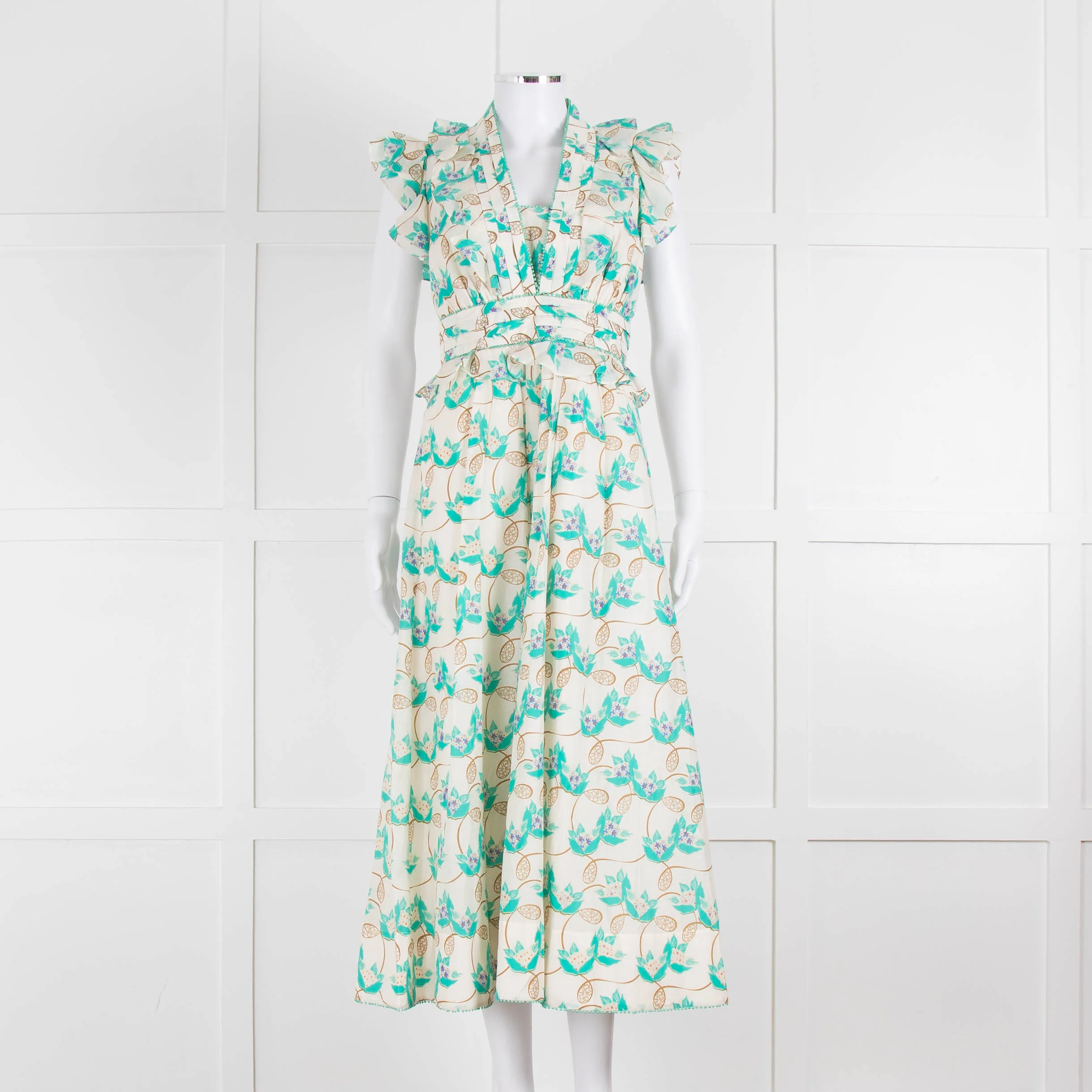 ME + EM Cream Turquoise Floral Frill Trim Cotton Dress