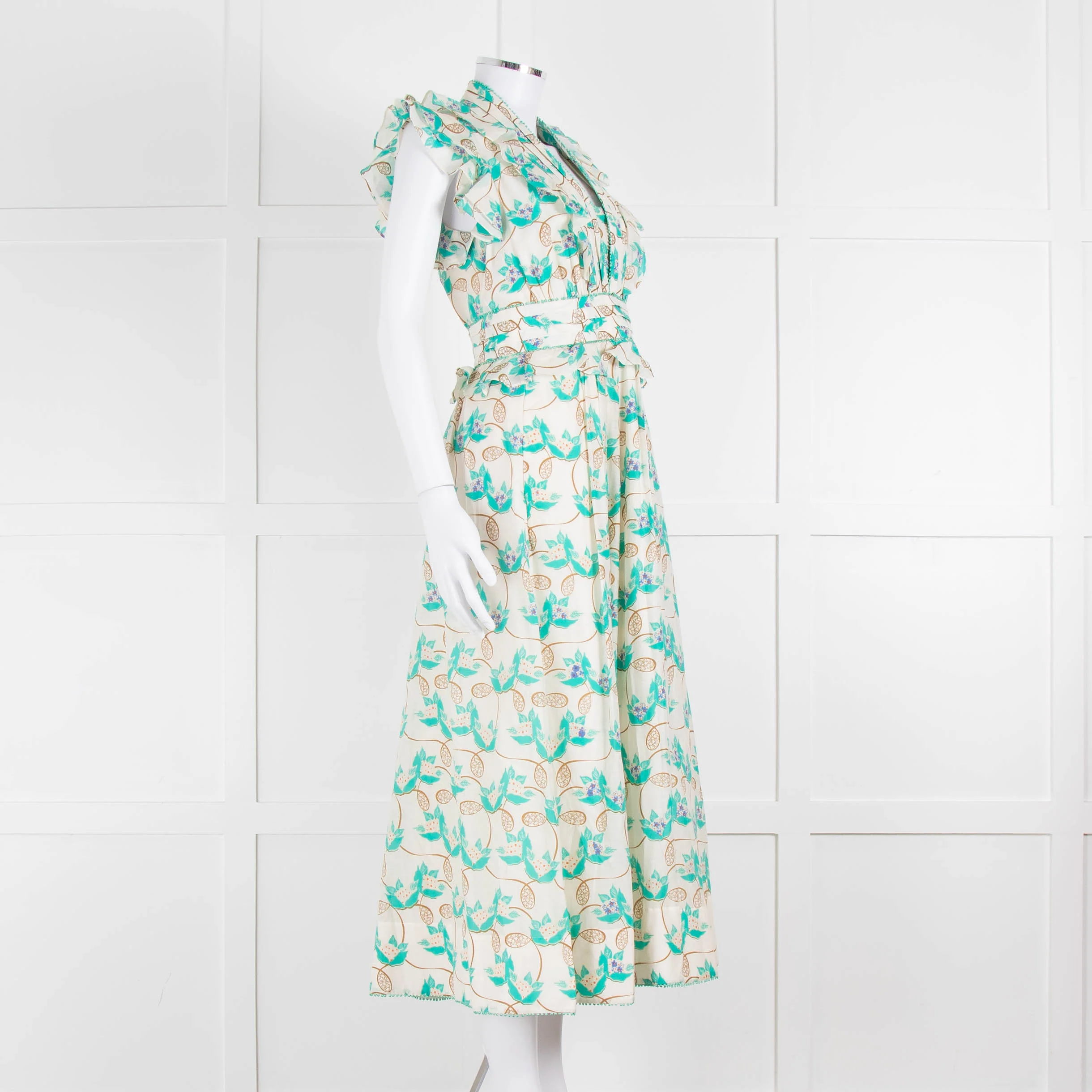 ME + EM Cream Turquoise Floral Frill Trim Cotton Dress - Image 2