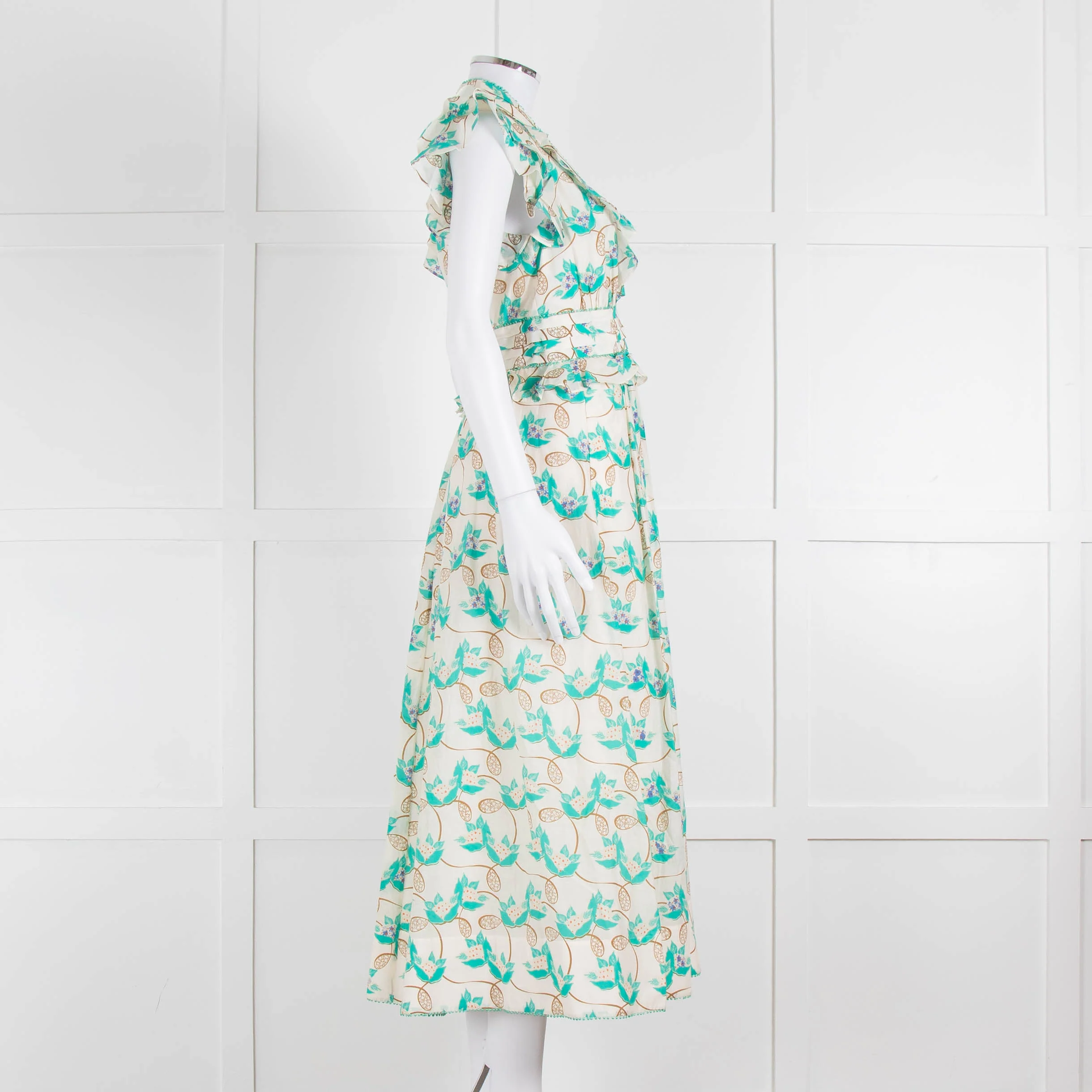 ME + EM Cream Turquoise Floral Frill Trim Cotton Dress - Image 3
