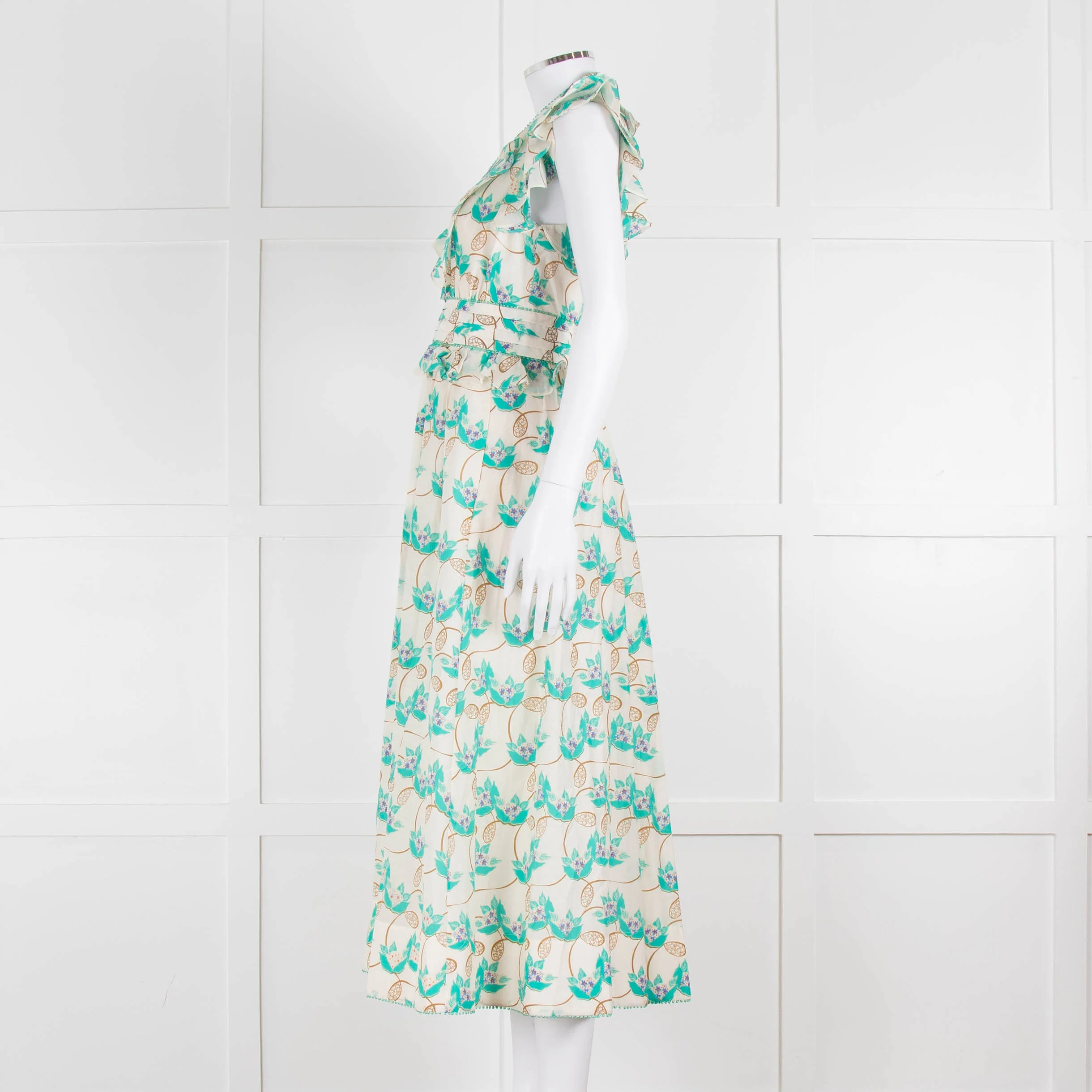 ME + EM Cream Turquoise Floral Frill Trim Cotton Dress - Image 7